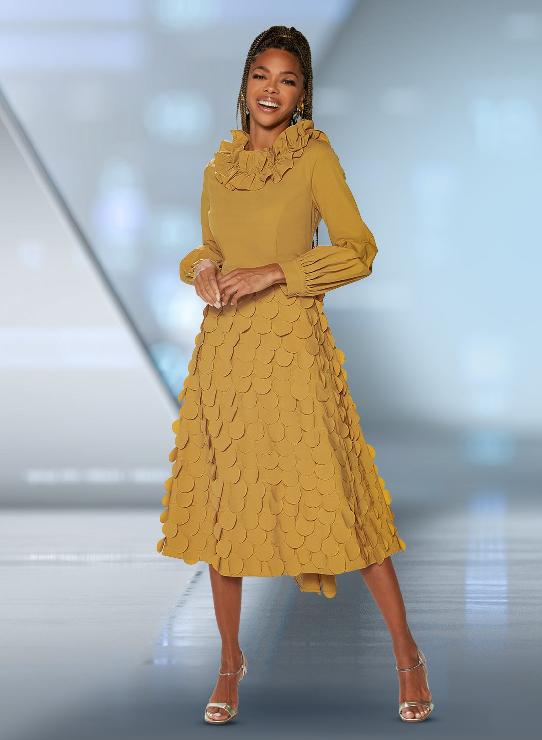 Love the Queen 17529 - Mustard - A Line Skirt Dress with Round Cutwork Layer
