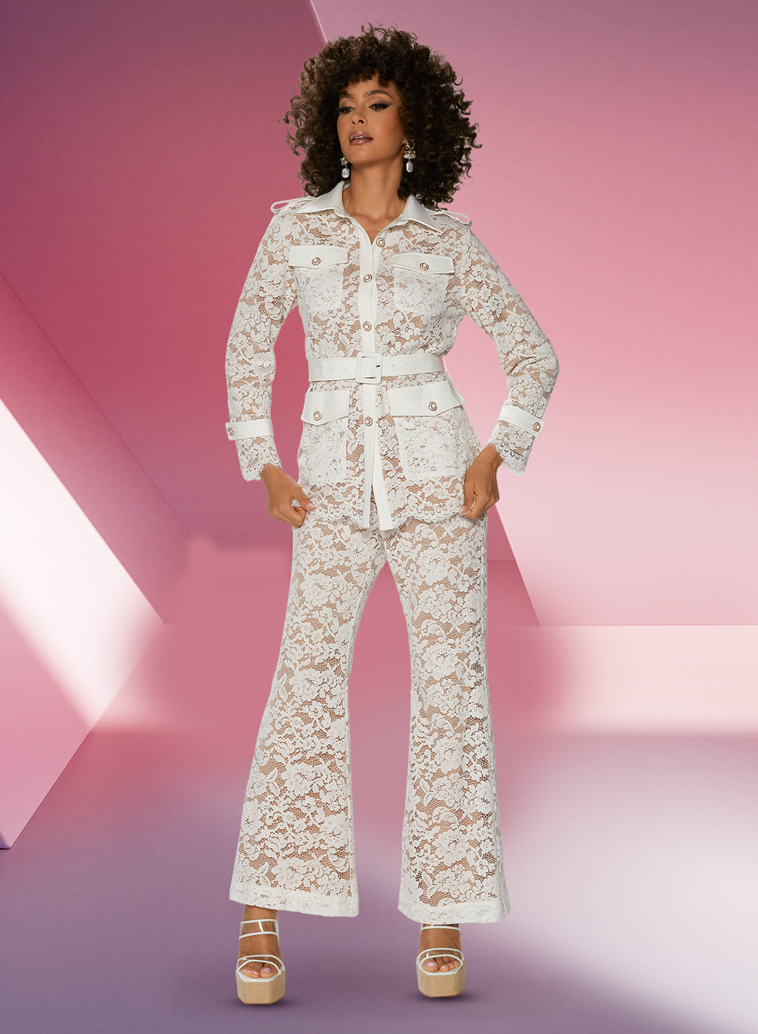 Love the Queen 17540P - Off White - Contrast Lined Lace Pants with Pockets