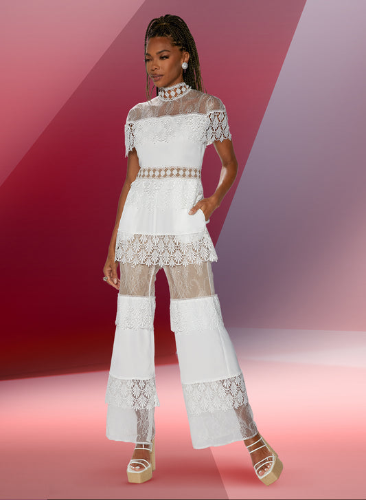 Love the Queen 17541 - White - Contrast Lined Lace Jumpsuit