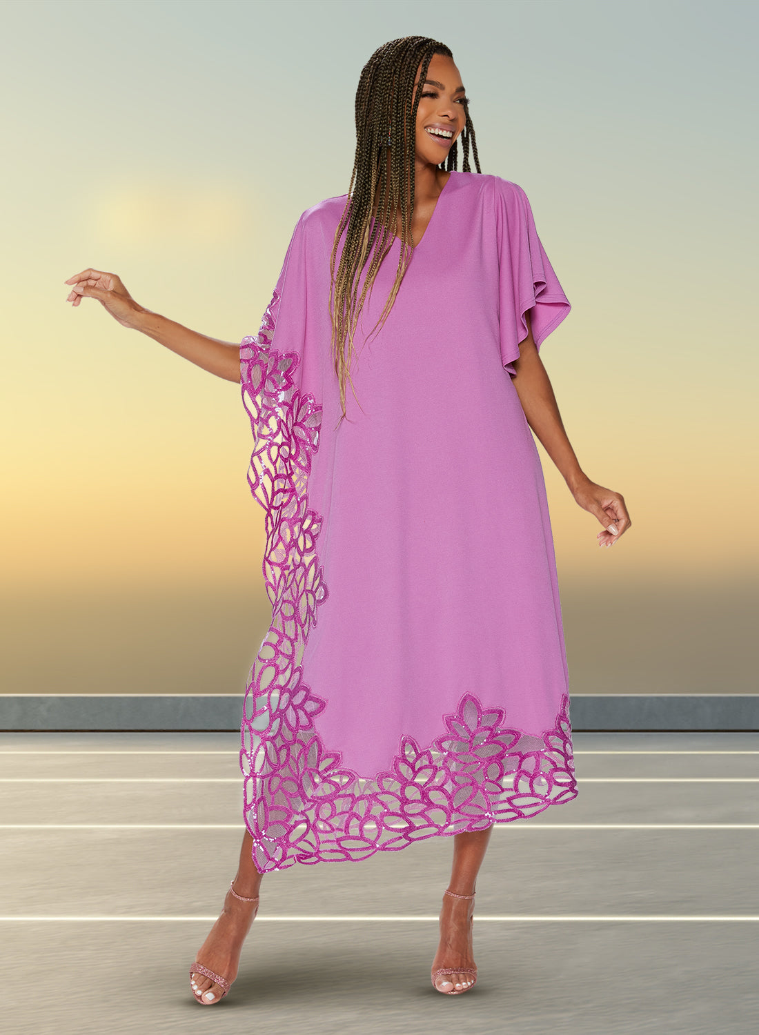 Love the Queen 17561 - Orchid - Lined Soft Stretch Fabric Dress with Organza and Embroidery Sequin Trim