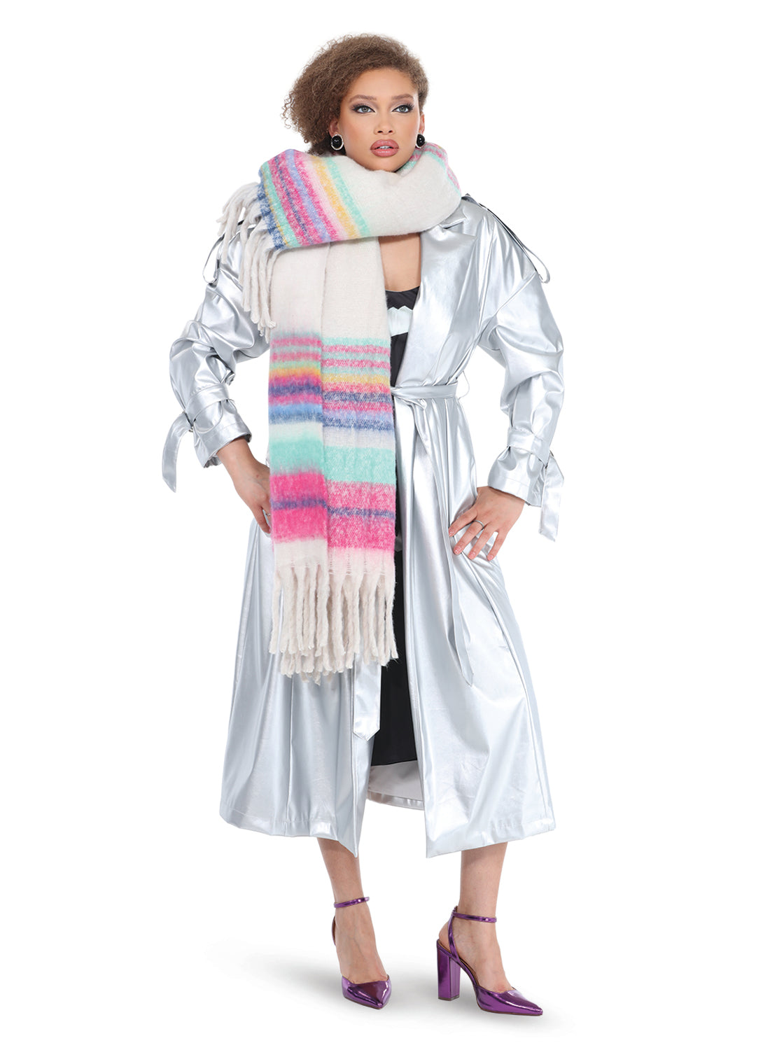 Love The Queen 17578 - Silver - Novelty Faux Leather Trench Coat with Belt