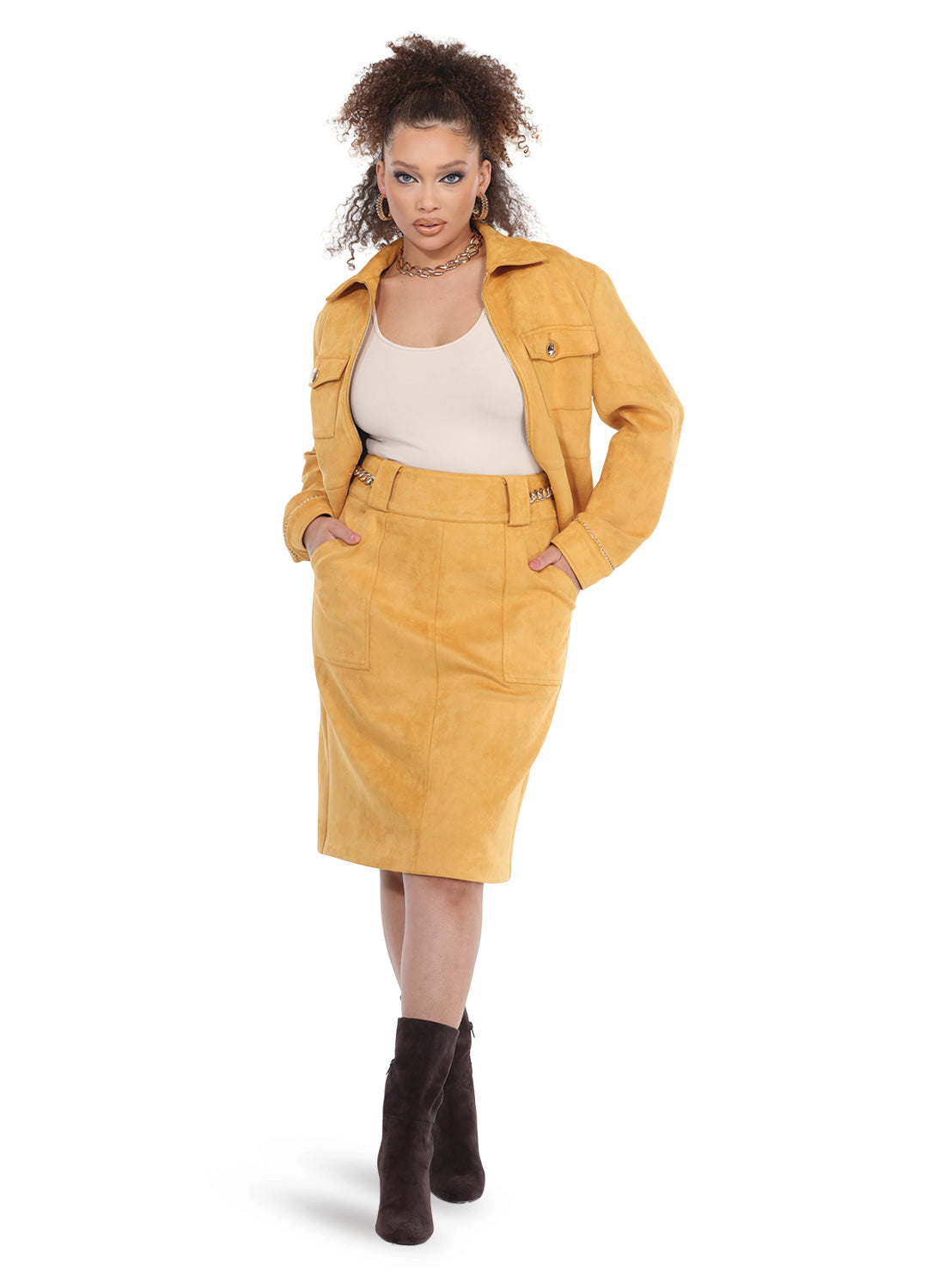 Love The Queen 17584 - Gold - 2 pc Faux Suede Zip Up Skirt Suit