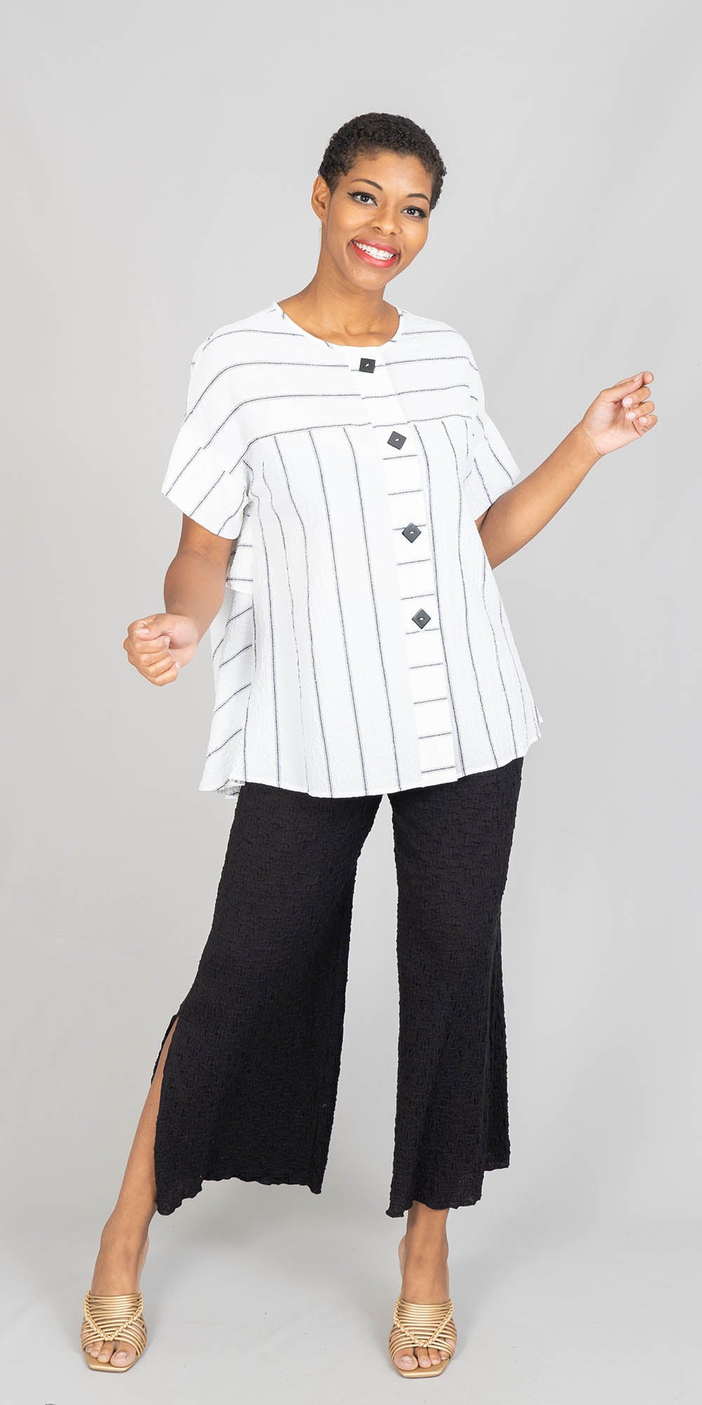 Moonlight - 2510NP - White Black - Ruffle-back Stripe Print Top