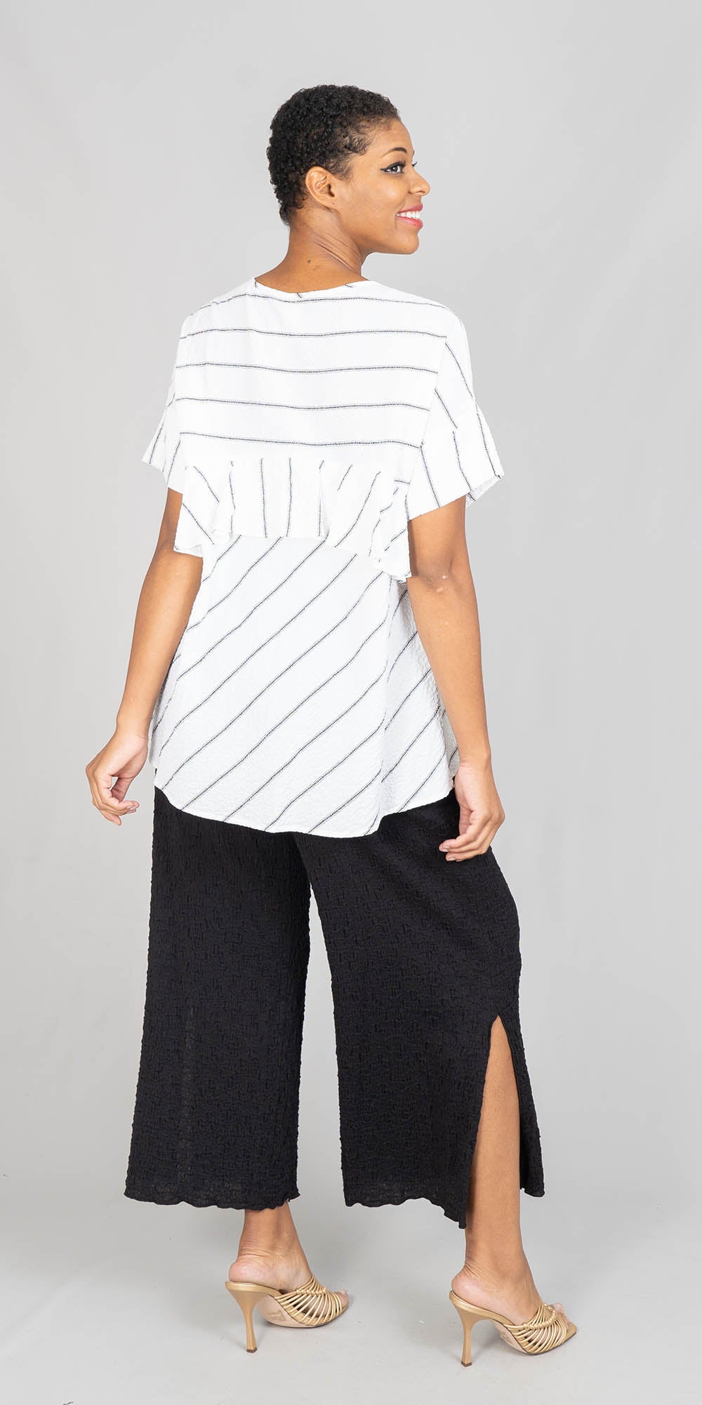 Moonlight - 2510NP - White Black - Ruffle-back Stripe Print Top