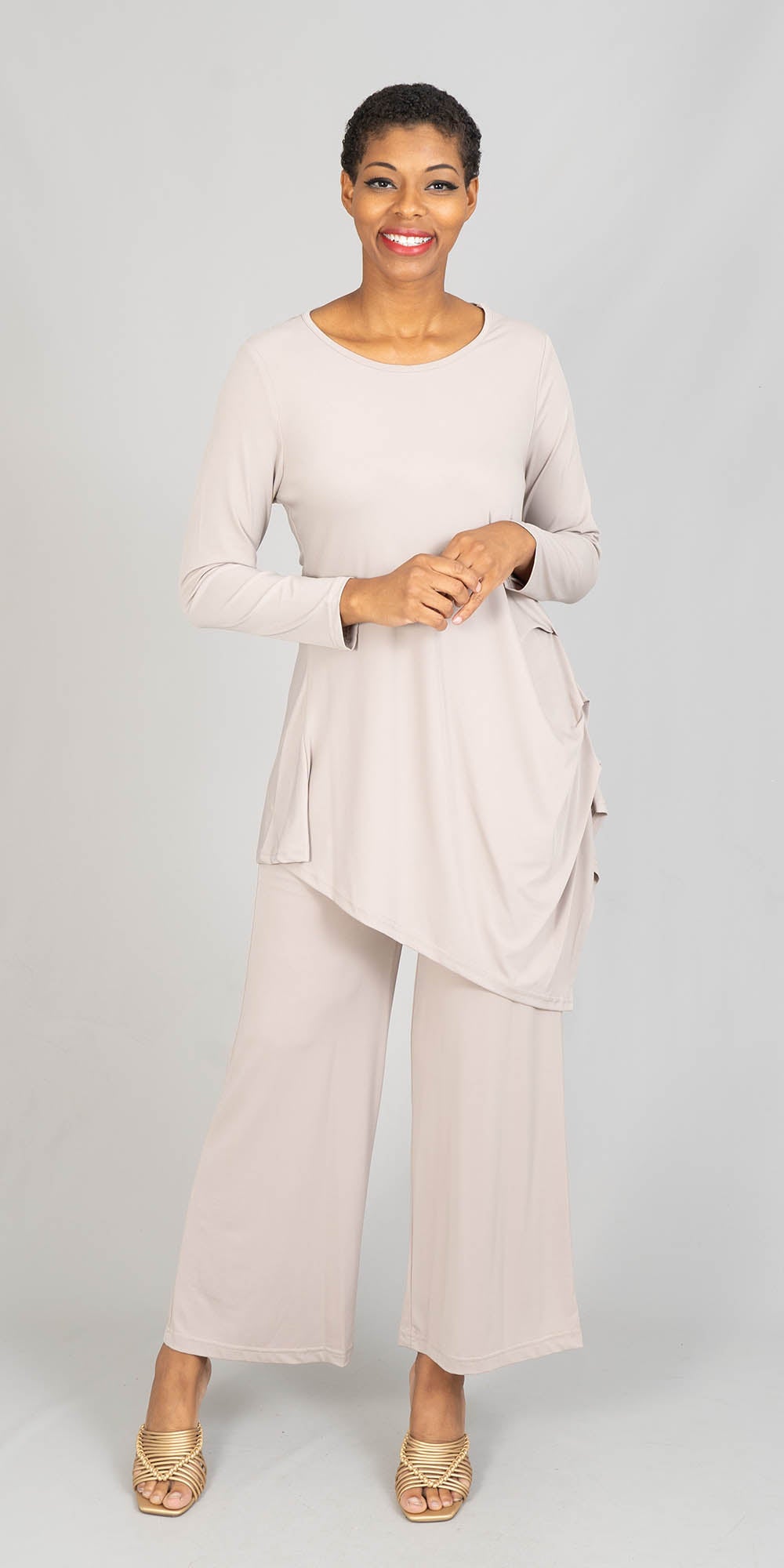 Moonlight - 9023 - Beige - Jersey Knit Asymmetrical Tunic Top