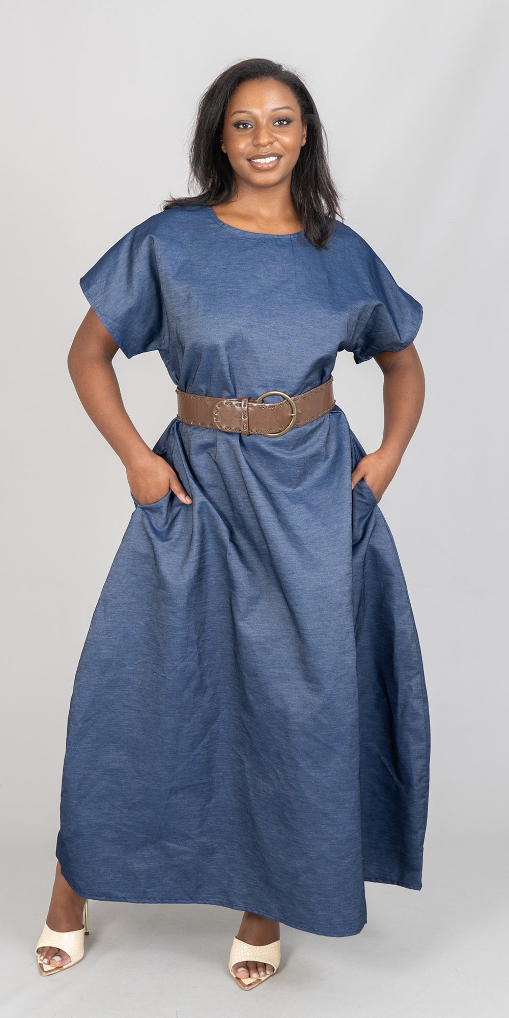 KaraChic 7794D Deep V-back Denim Maxi Dress