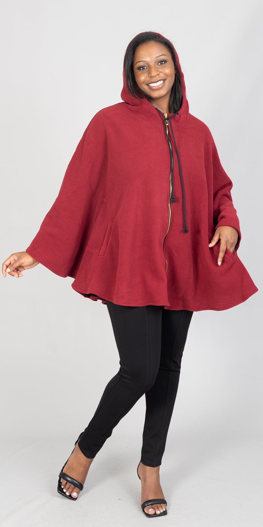 NF CHH16163 - Burgundy - Fleece Knit Zip-front Hooded Cape