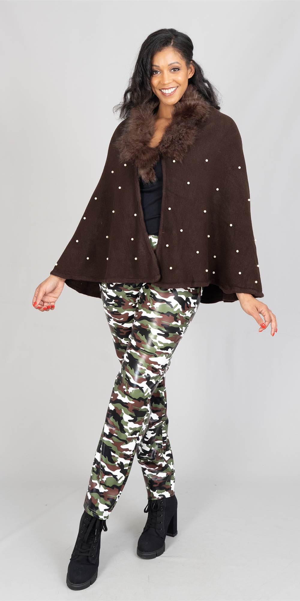 NF CHH18022 - Brown - Pearl Accent Faux Fur Trim Sweater Poncho