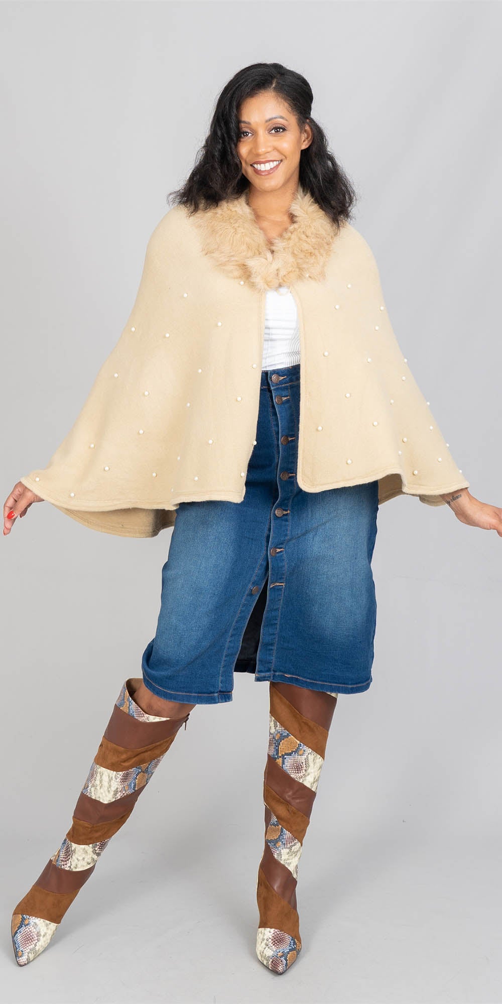 NF CHH18022 - Beige - Pearl Accent Faux Fur Trim Sweater Poncho