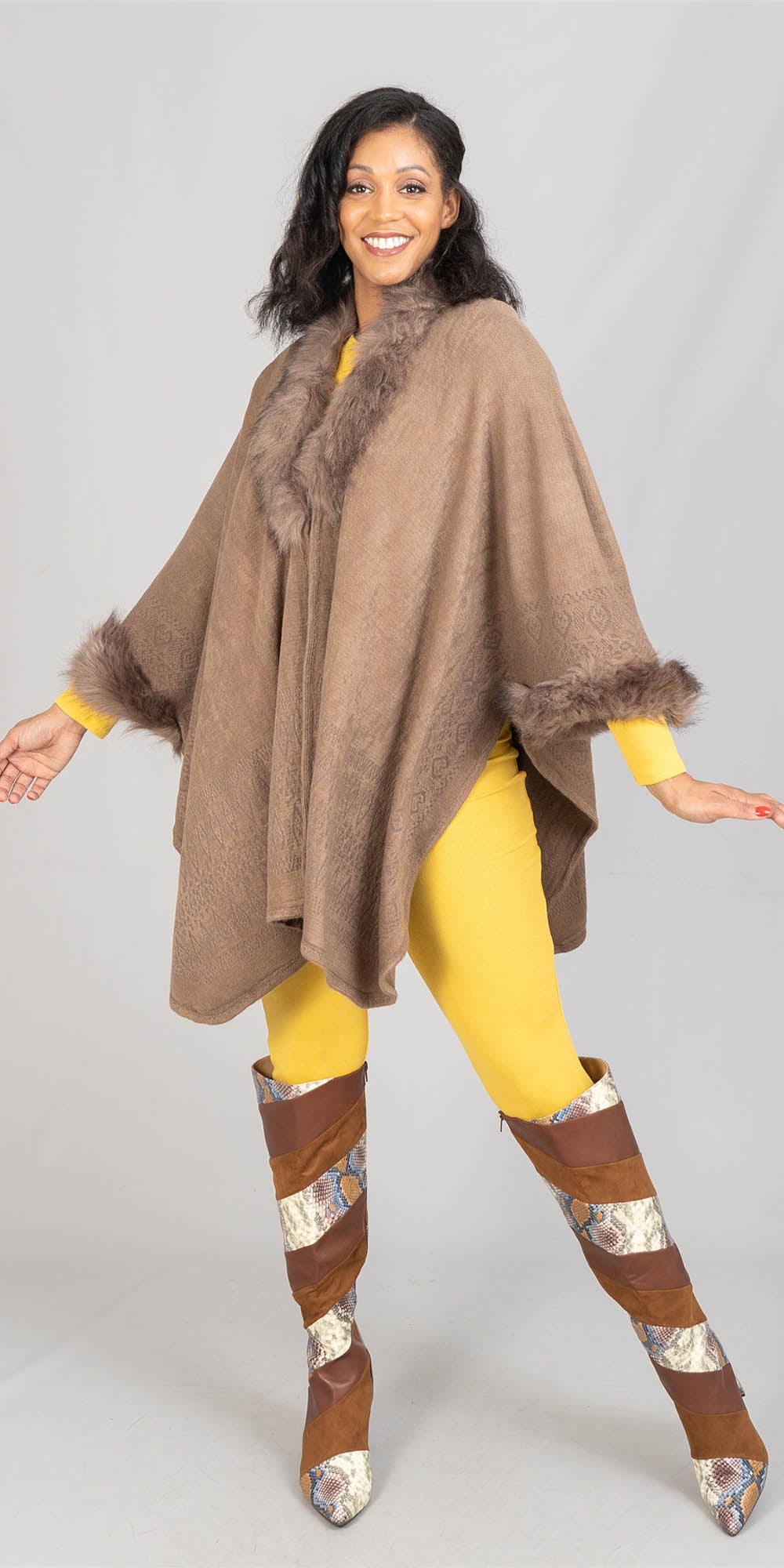 NF CHH18023 - Brown - Faux Fur Trim Jacquard Sweater Poncho