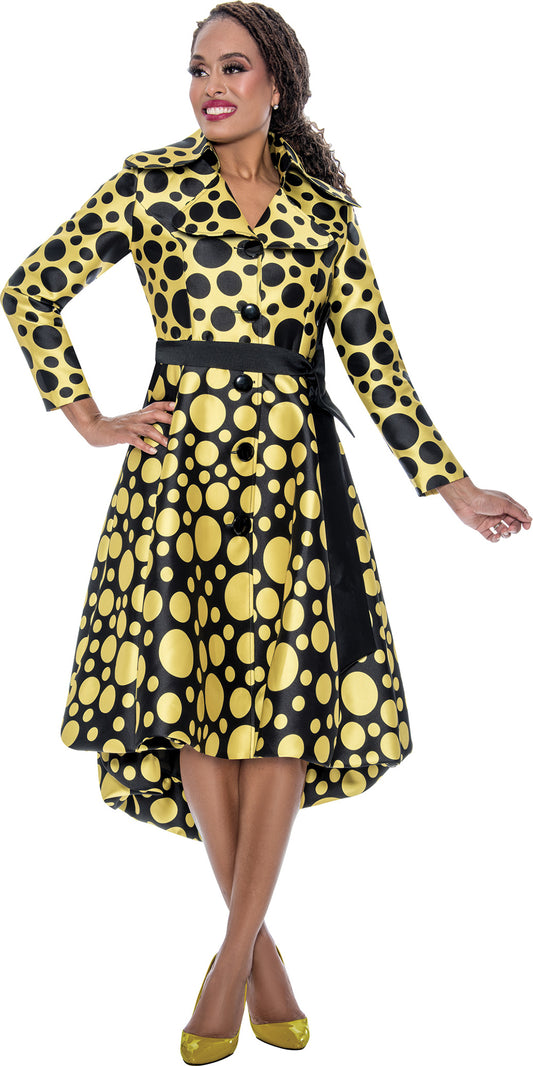 Dresses by Nubiano 100001 - Gold Black - Twill Dot Print Dress with Wide Notched Collar