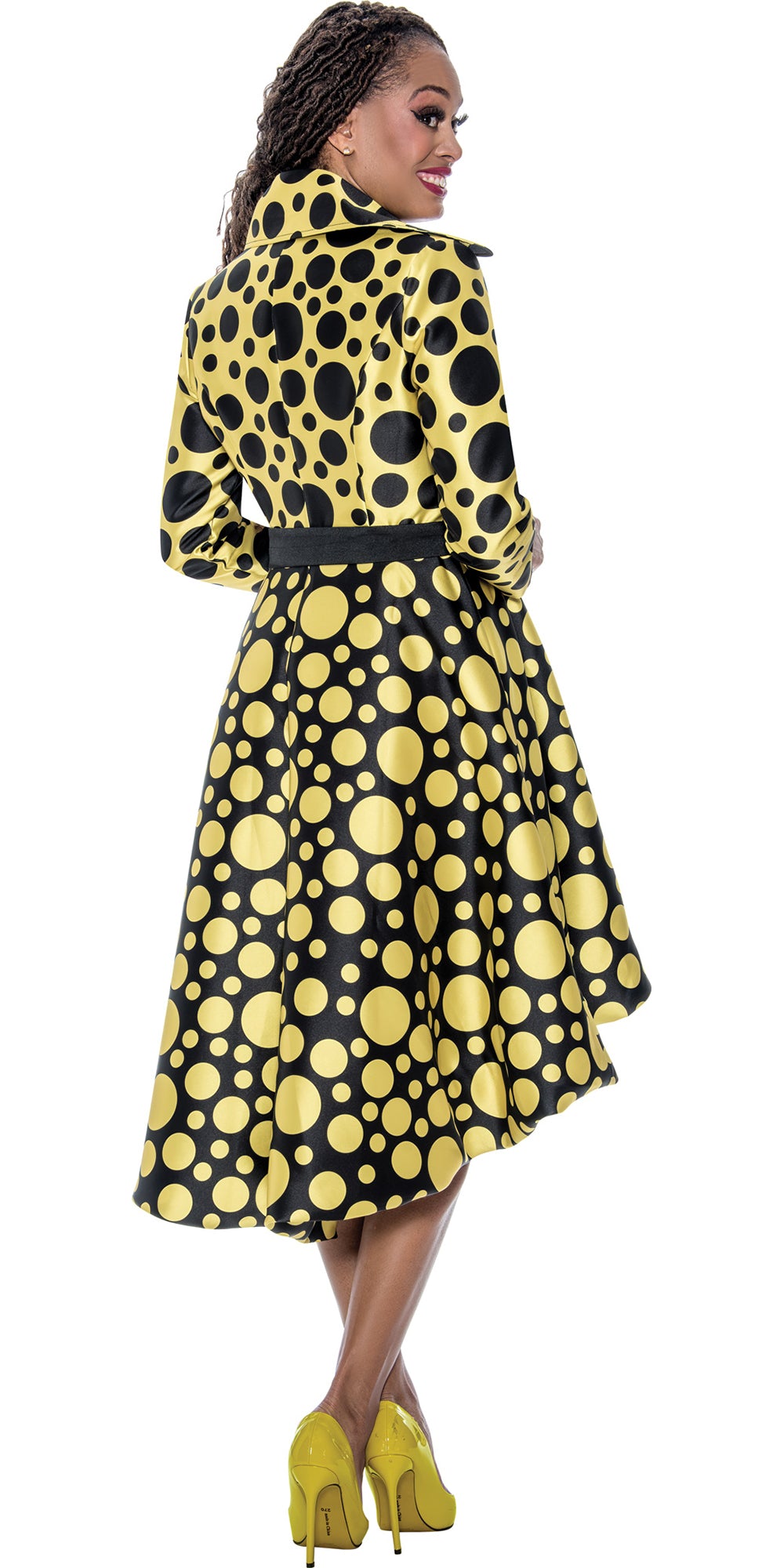 Dresses by Nubiano 100001 - Gold Black - Twill Dot Print Dress with Wide Notched Collar