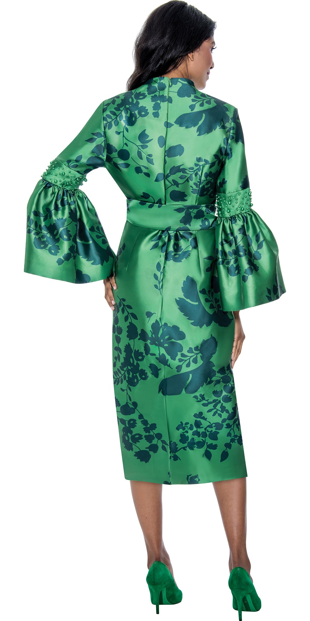 Dresses by Nubiano - 100031 - Emerald - Twill Print Dress with Bell Sleeves