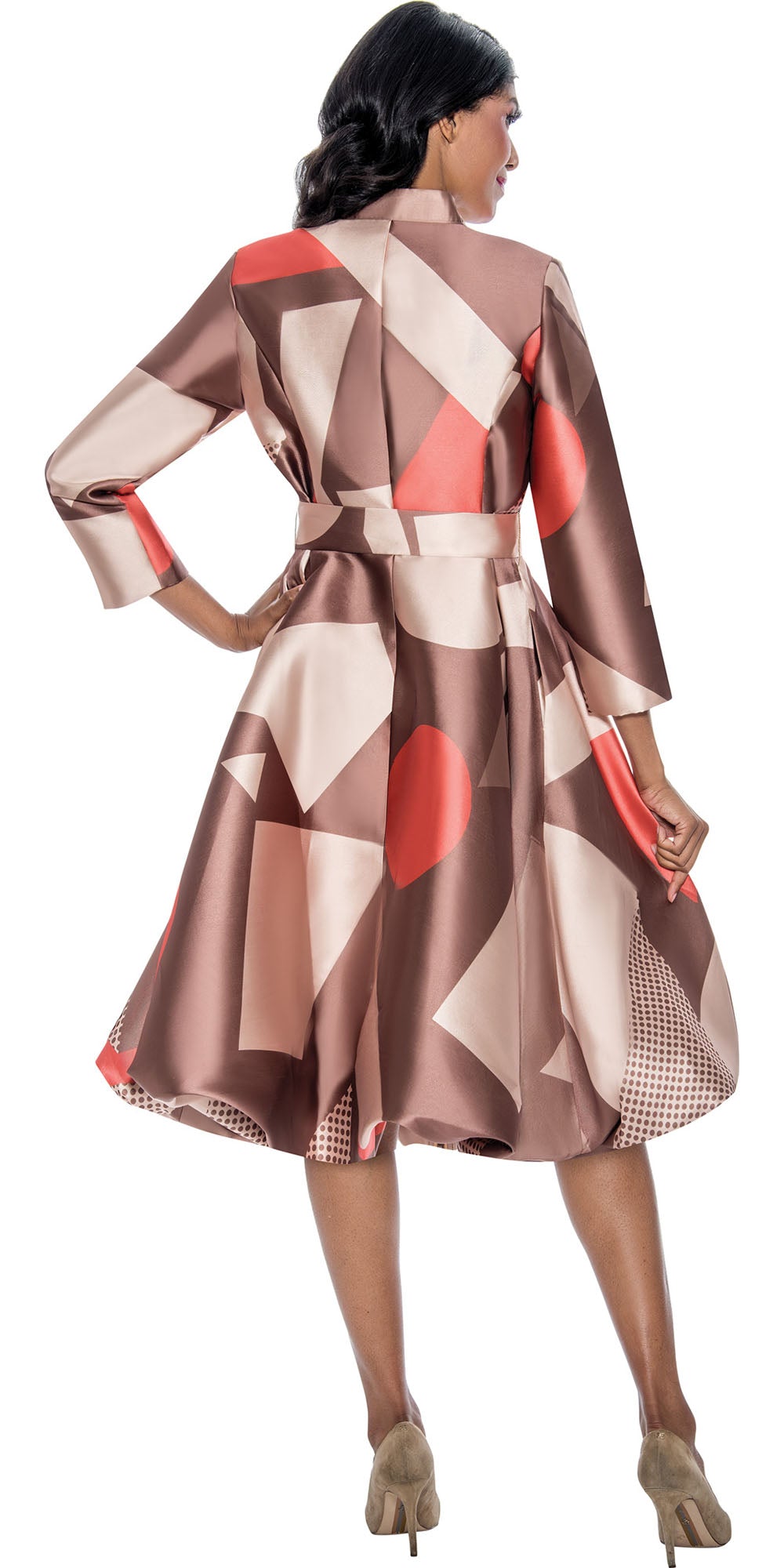 Dresses by Nubiano 12251 - Brown Orange - Belted Zip-front Print Twill Dress