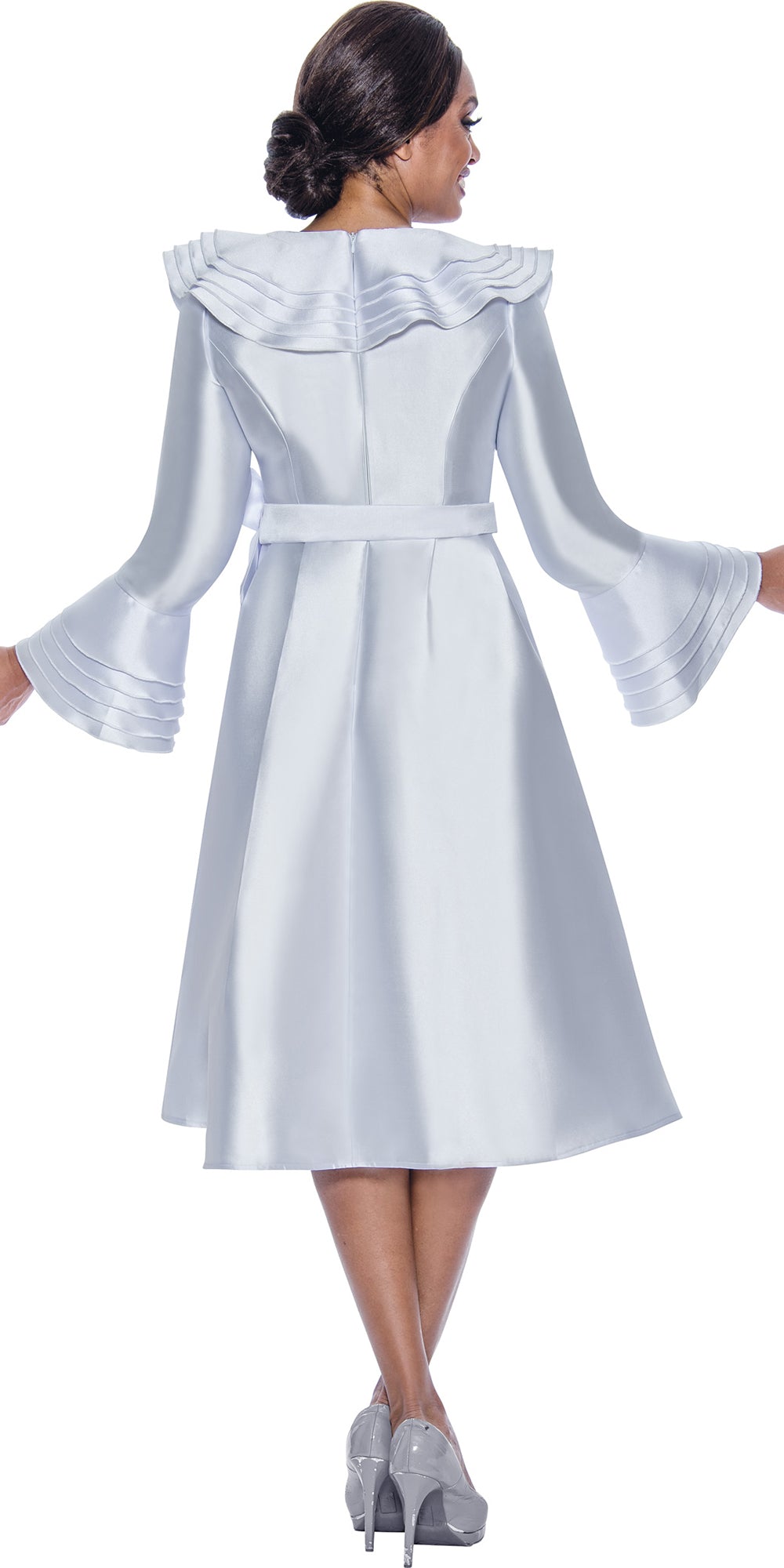 Dresses by Nubiano 12281 - White - Layered Collar and Cuff Sash Belt Dress