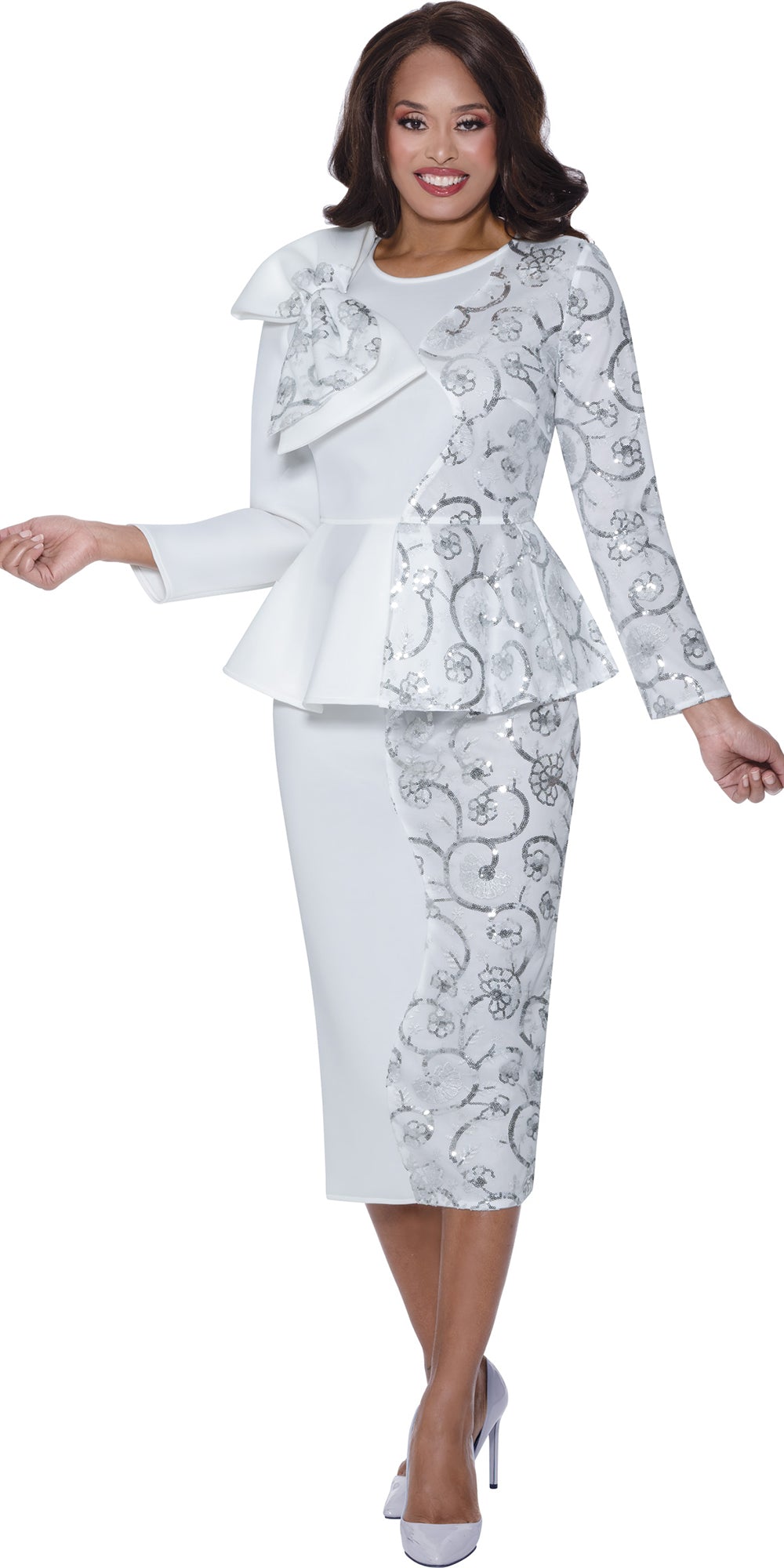Stellar Looks 600502 - White Silver - Silver Brocade Skirt Set