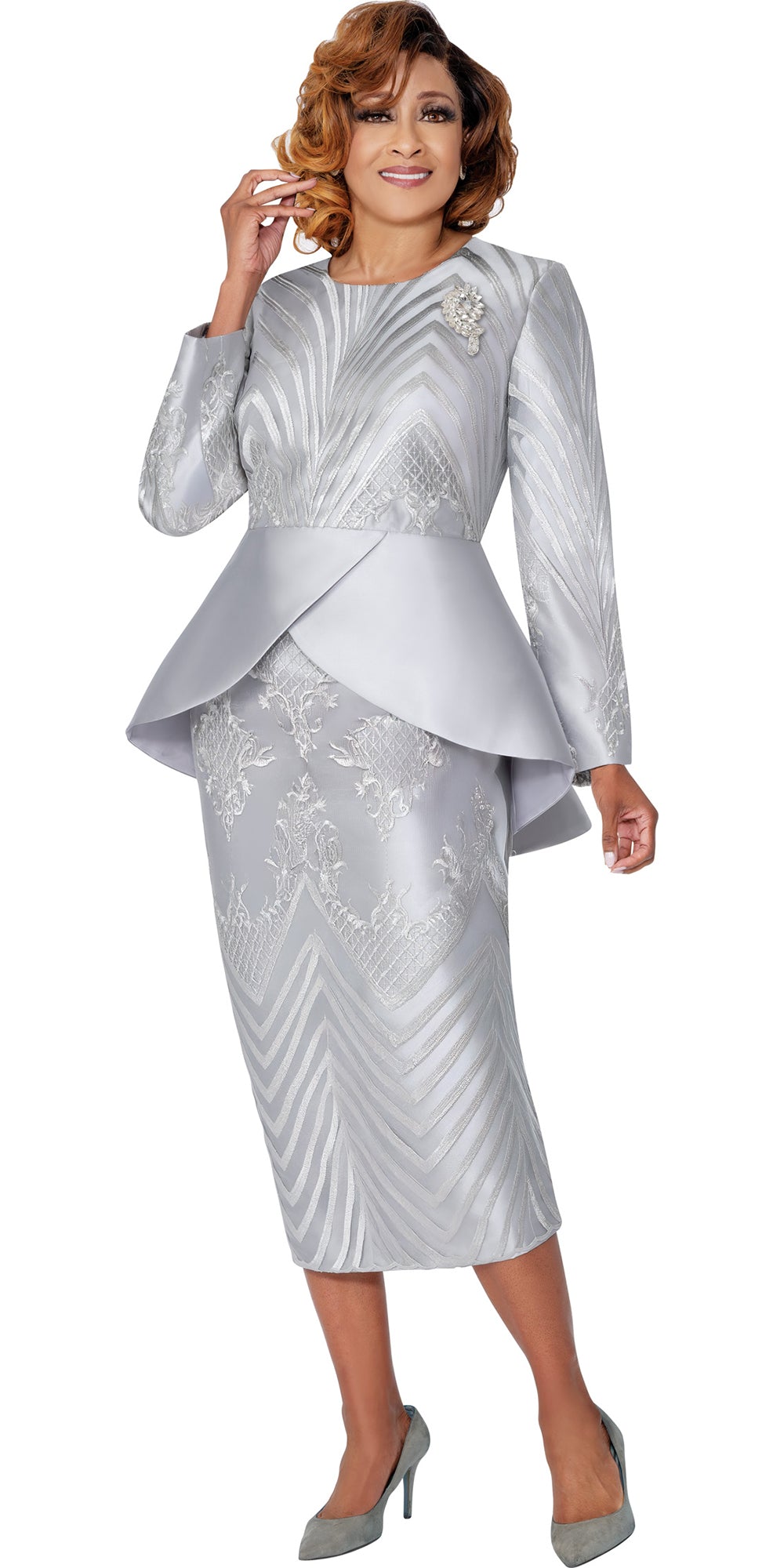 Dorinda Clark Cole 310022 - Silver - Lace Overlay Skirt Suit