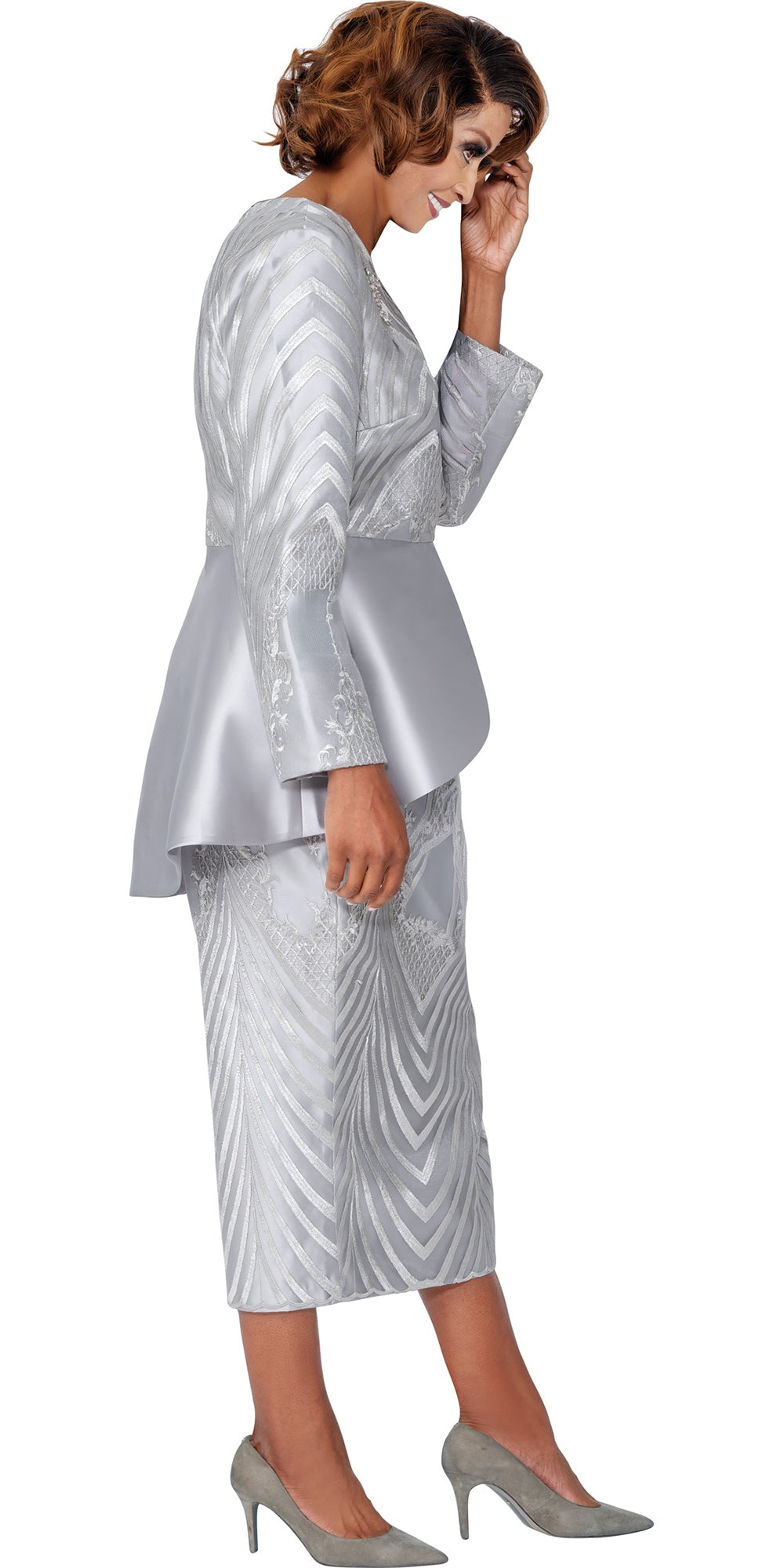 Dorinda Clark Cole 310022 - Silver - Lace Overlay Skirt Suit