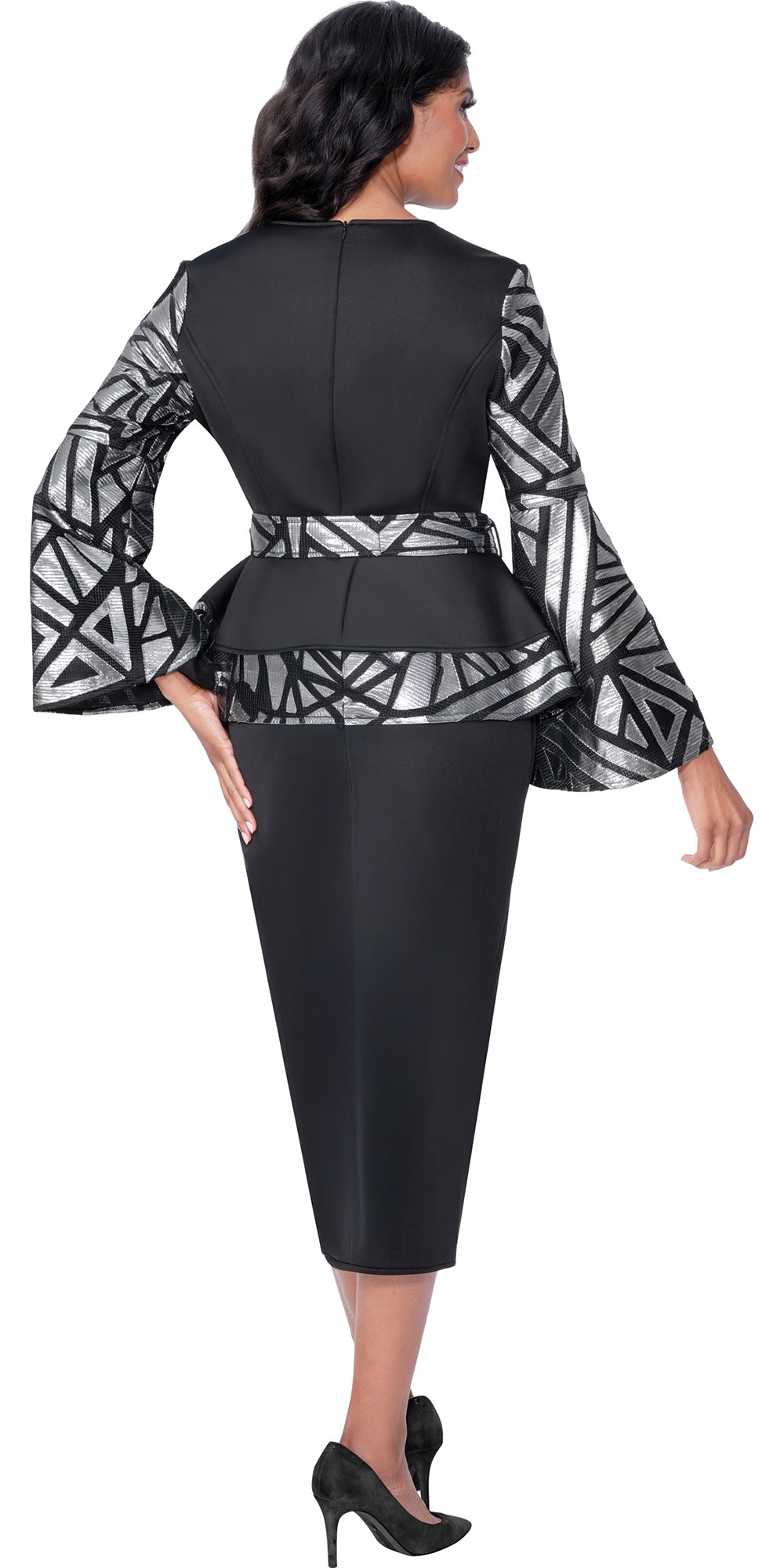 Stellar Looks 600702 - Black Silver - Scuba Brocade Skirt Set