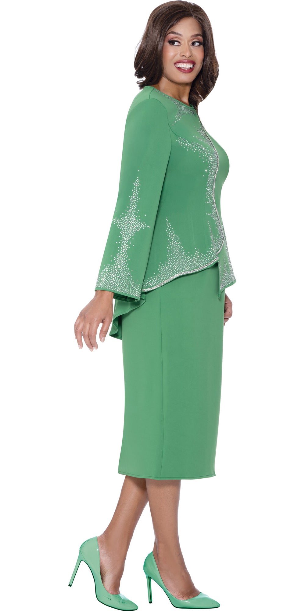 Stellar Looks 600202 - Paris Green - Asymmetrical Crystal Embellished Knit Skirt Set