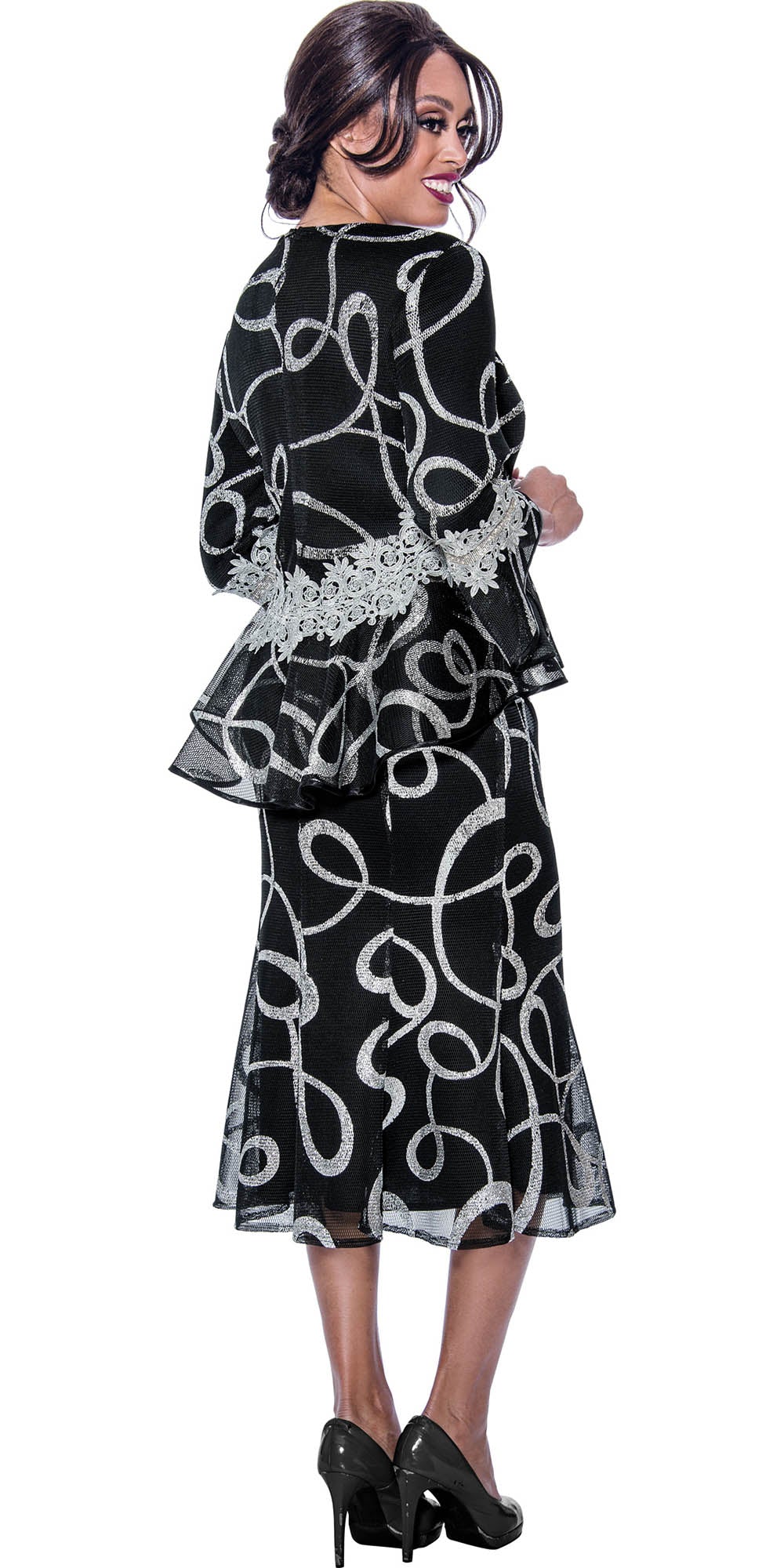 Stellar Looks 1942 - Black Silver - Mesh Print Skirt Set