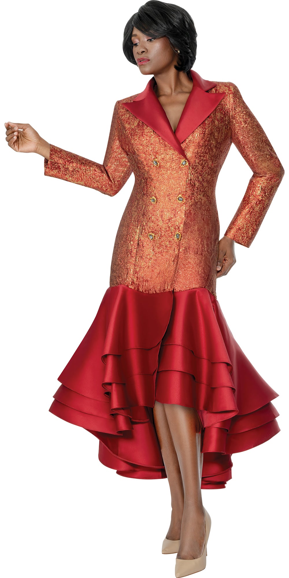 Terramina 7334 - Wine - Layered Hilo Brocade Body Dress