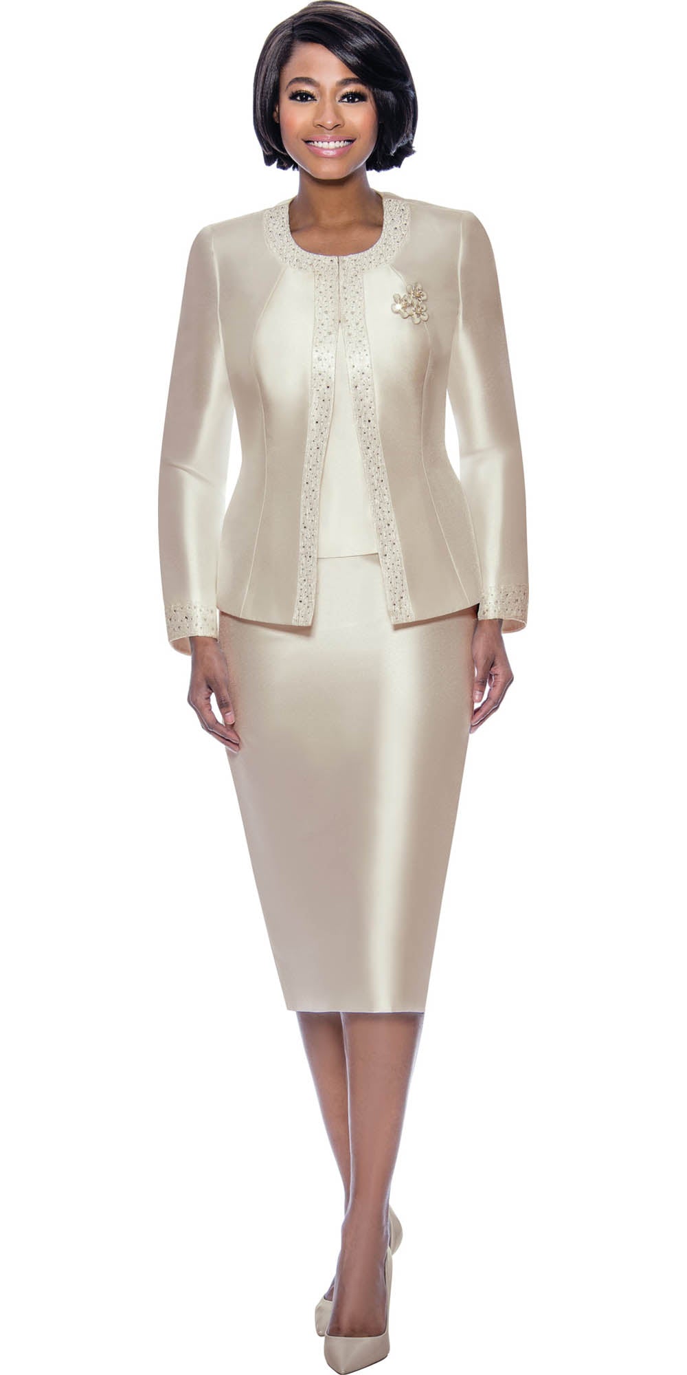 Terramina 7637 - Cream - Embellished Trim 3 pc Skirt Suit