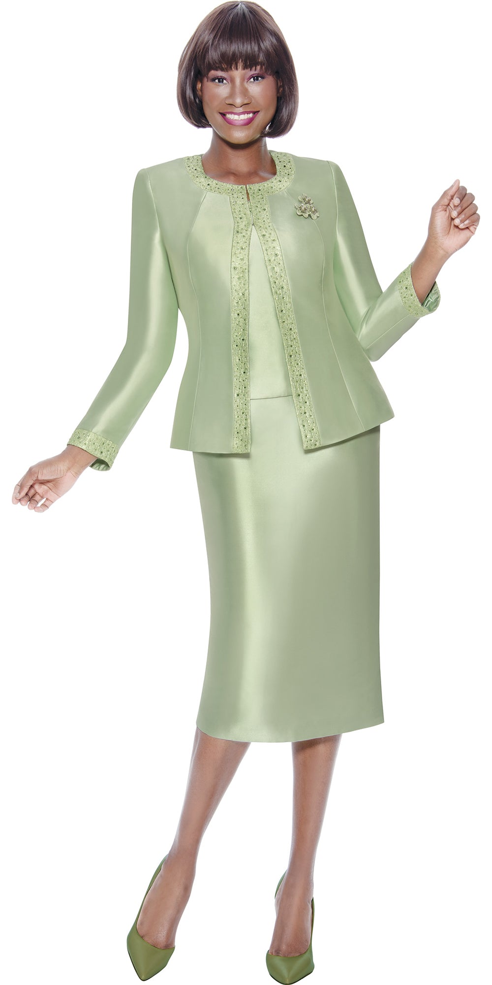 Terramina 7637 - Sage - Embellished Trim 3 pc Skirt Suit