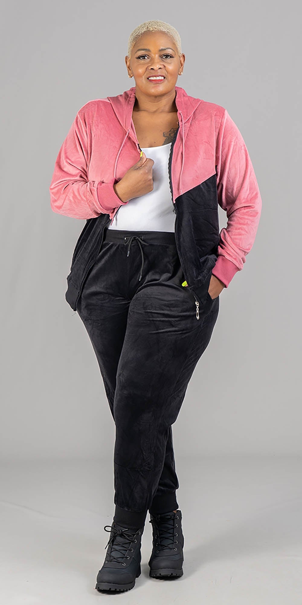 Tracksuit LJS500 - Black - Two-tone Velour 2pc Jog Set