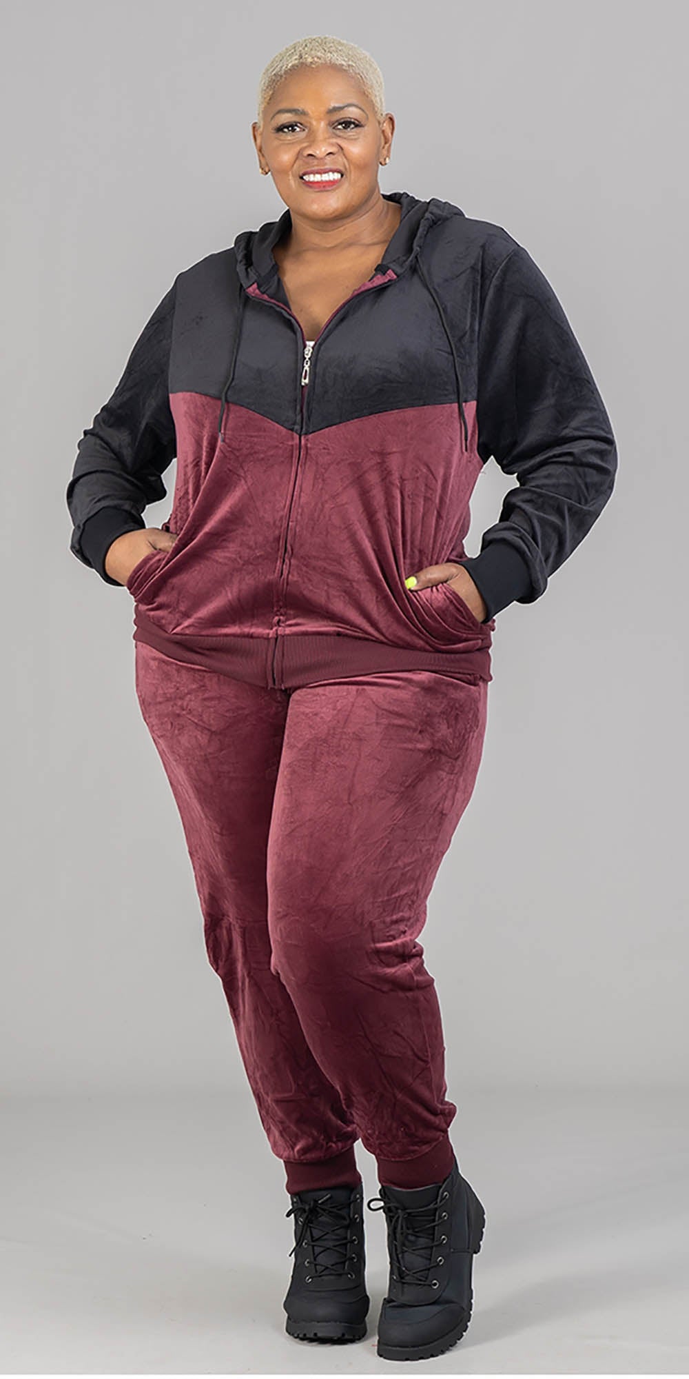 Tracksuit LJS500 - Burgundy - Two-tone Velour 2pc Jog Set