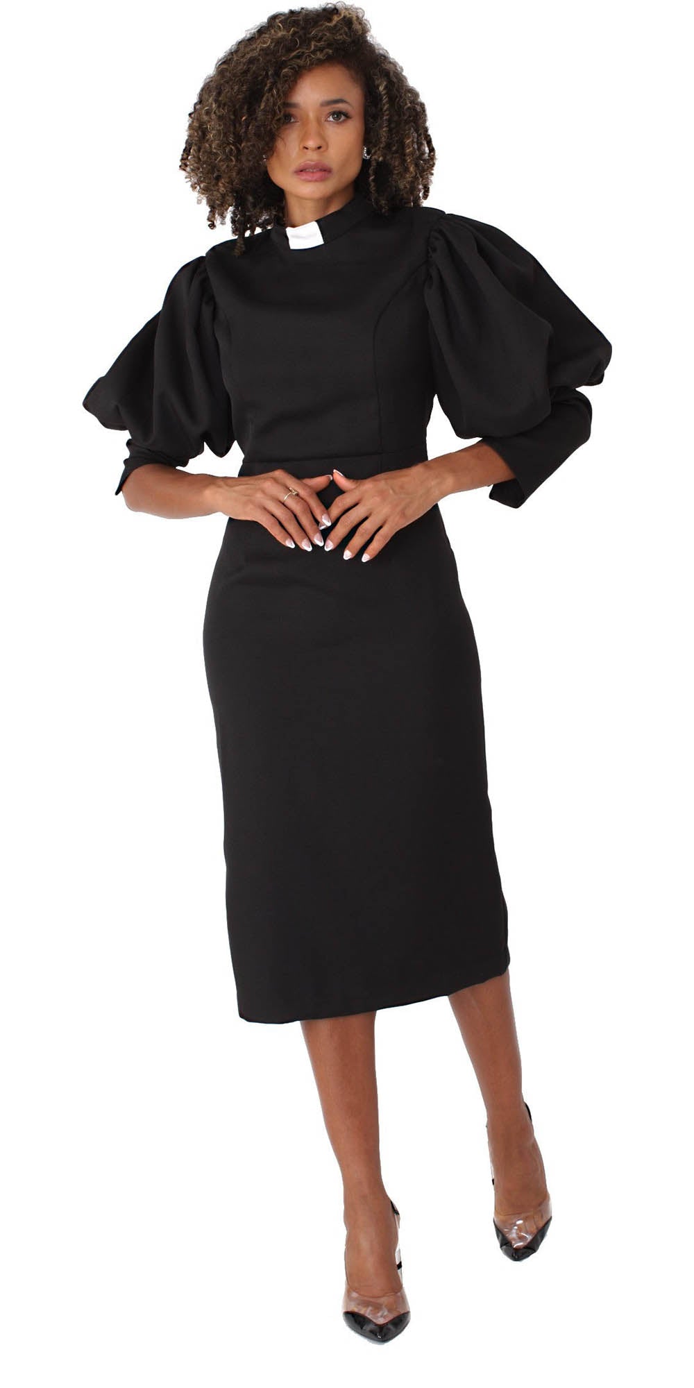 Tally Taylor - 4813 - Black White - Women's Clergy Dress With Puff Sleeves