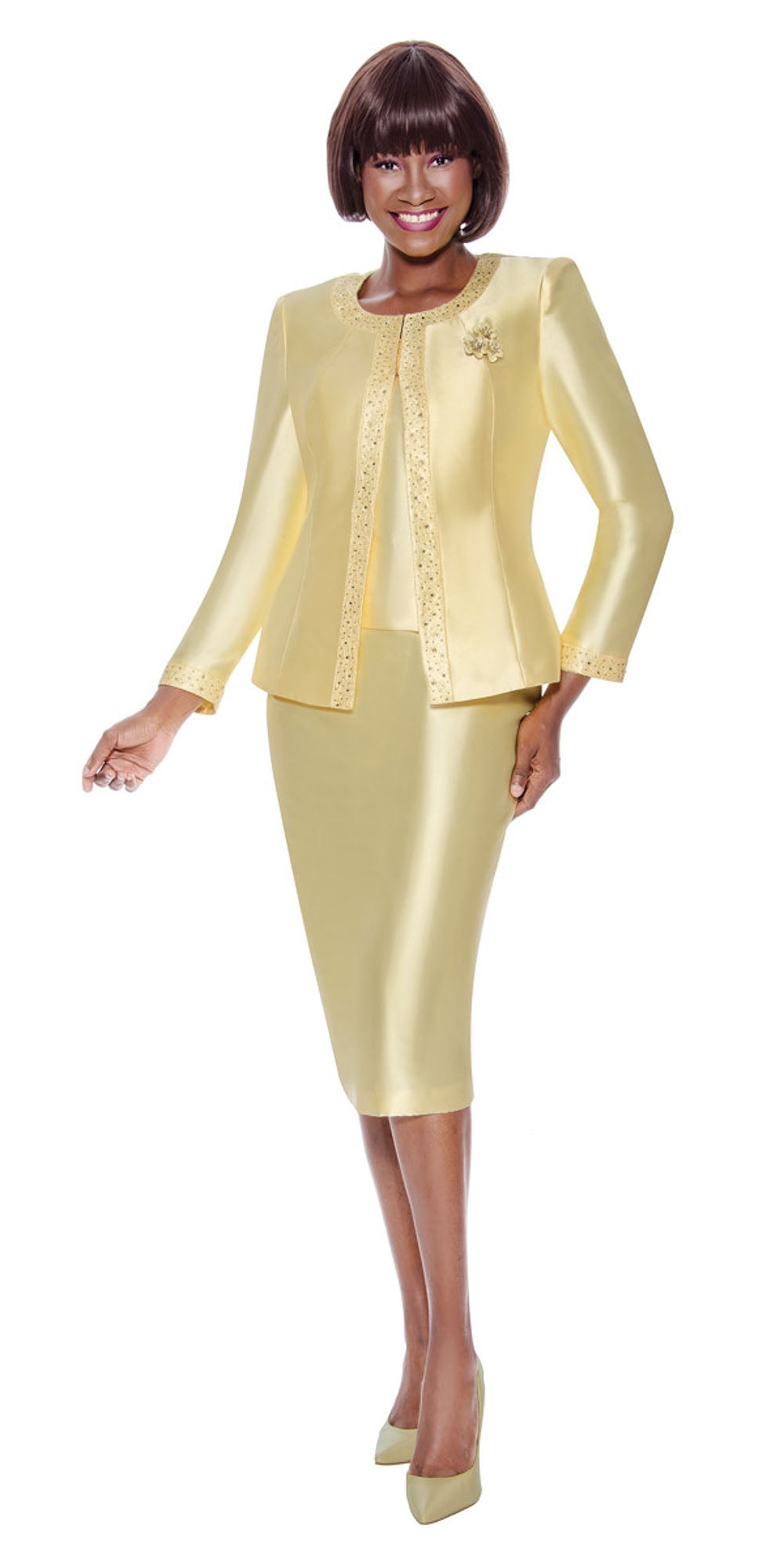 Terramina 7637 - Yellow - Embellished Trim 3 pc Skirt Suit