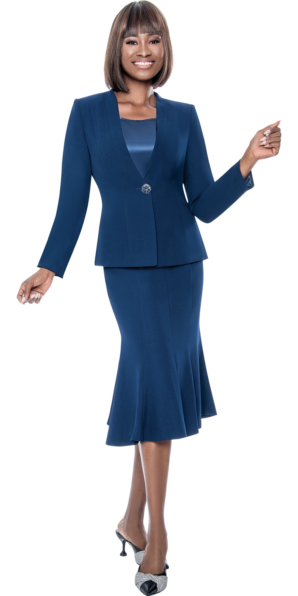 Terramina 9003 - Navy - Peachskin Flair Hem 3pc Skirt Suit
