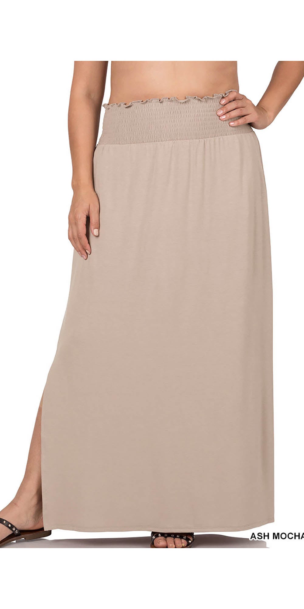 Zenana - RS8300X - Ash Mocha - Smocked Waist Knit PlusSize Maxi Skirt