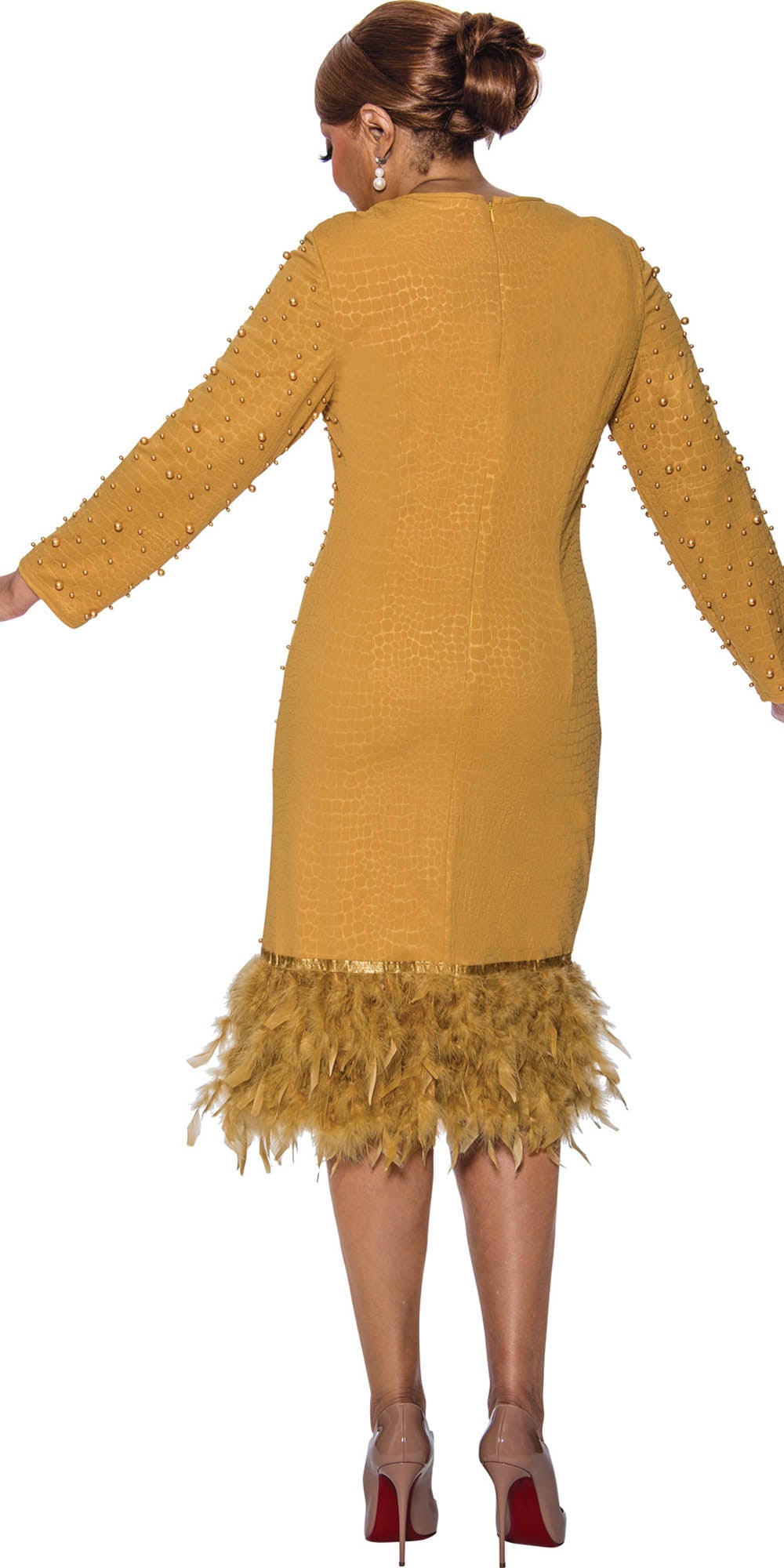 Dorinda Clark Cole - DCC5031 - Gold - Pearl Embellished Feather Hemline Dress