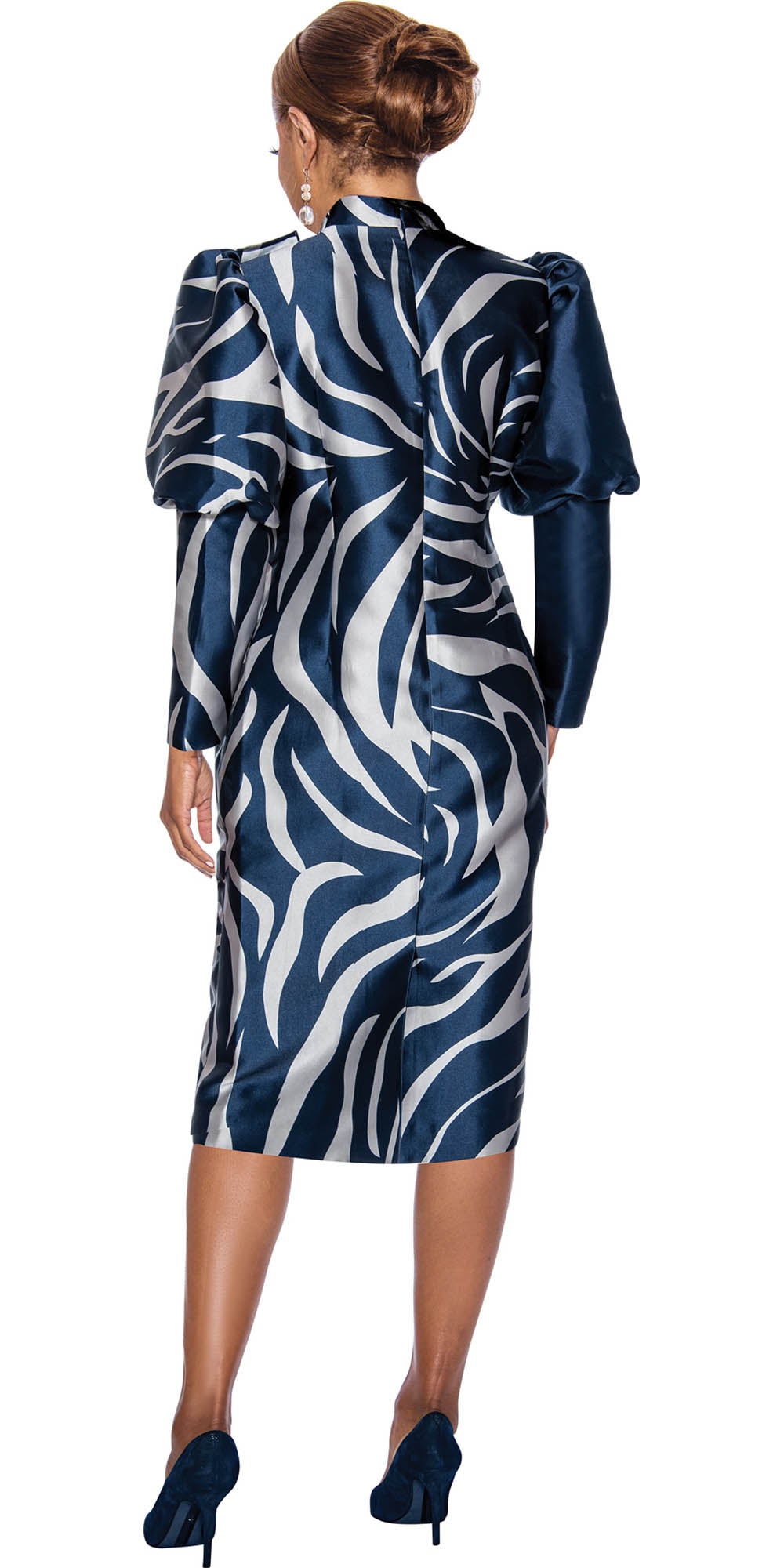 Dorinda Clark Cole - 5071 - Navy Silver - Puff Sleeve Print Ruffle Dress