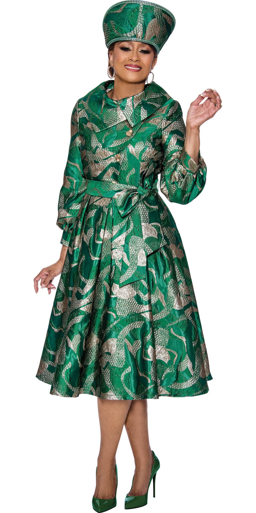 Dorinda Clark Cole - 5111 - Emerald - Jacquard Print Tie Waist Dress