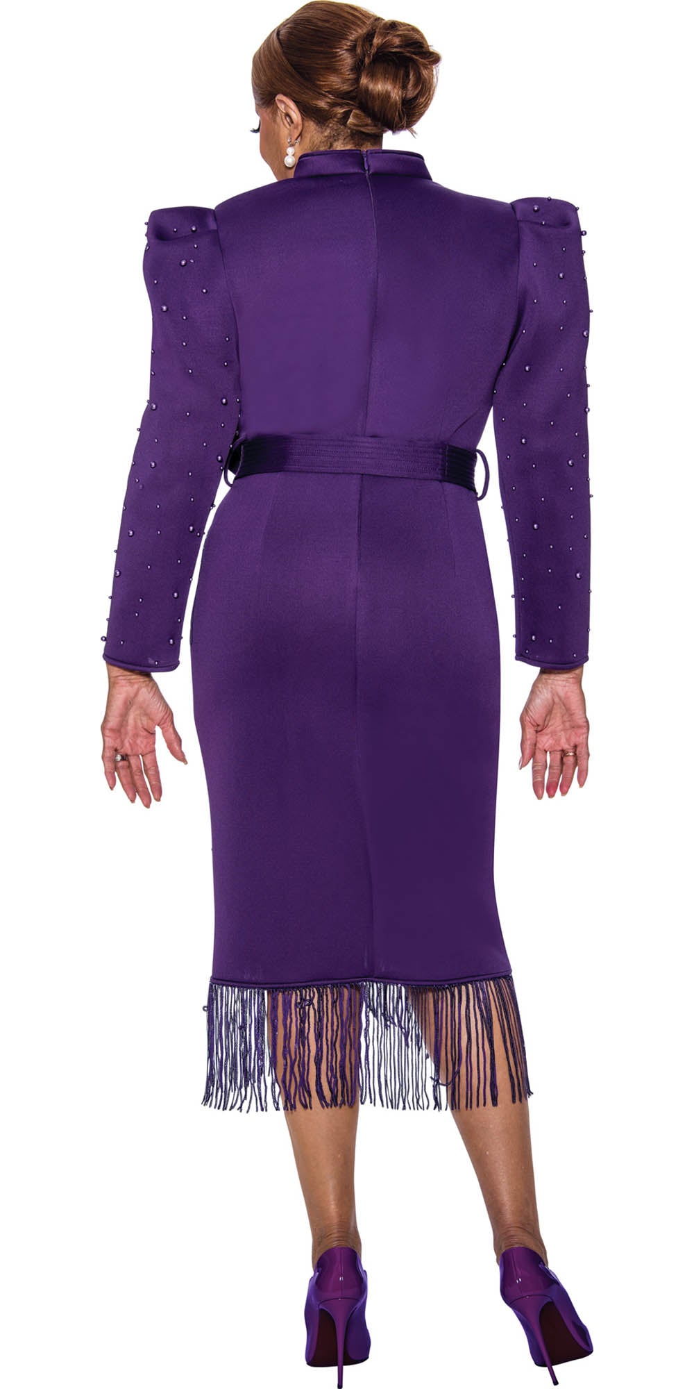Dorinda Clark Cole - 5171 - Purple - Pearl Embellished Scuba Fabric Dress with Fringe Hemline
