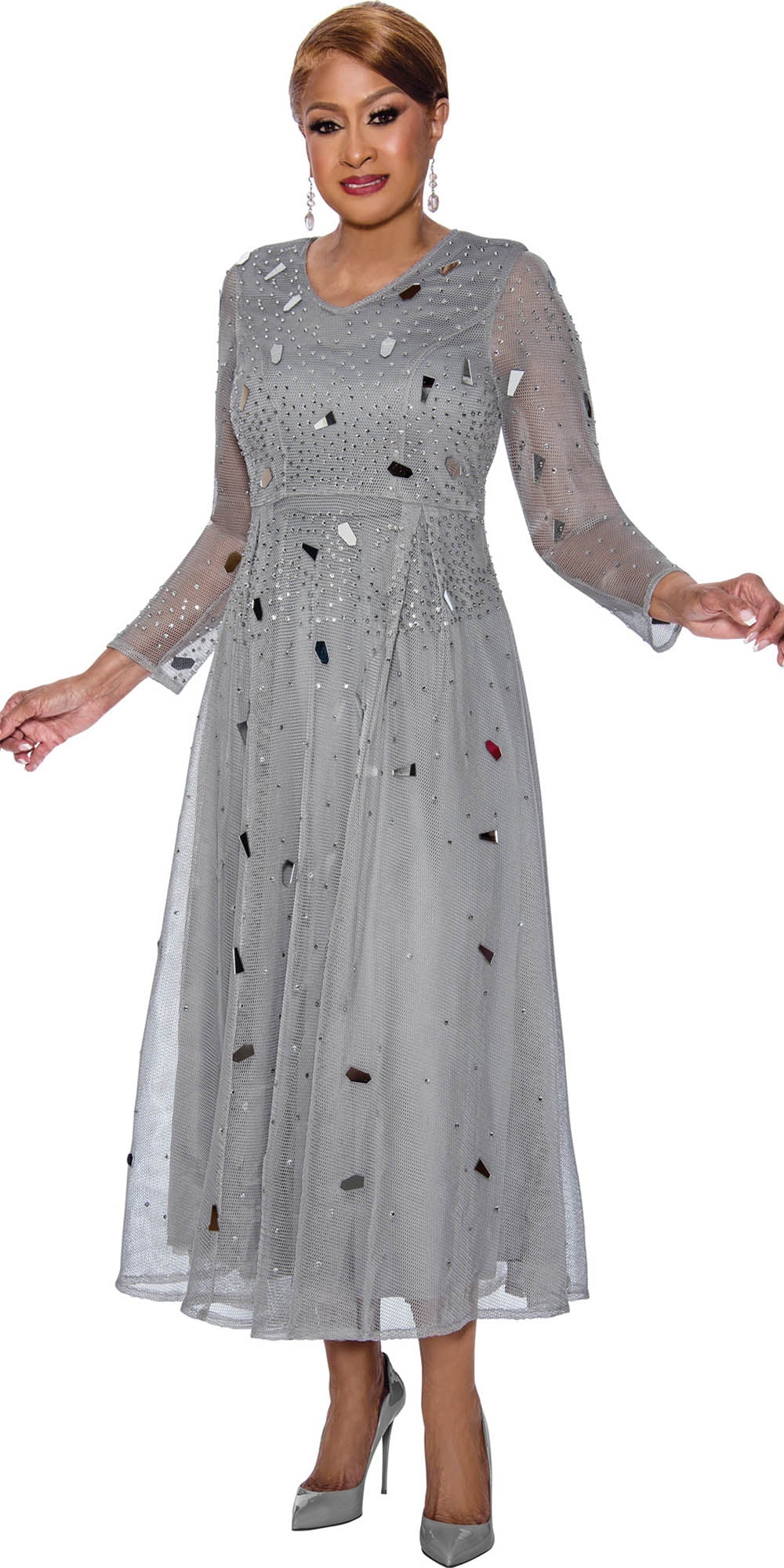 Dorinda Clark Cole - 5201 - Silver - Embellished Sheer Overlay Maxi Dress