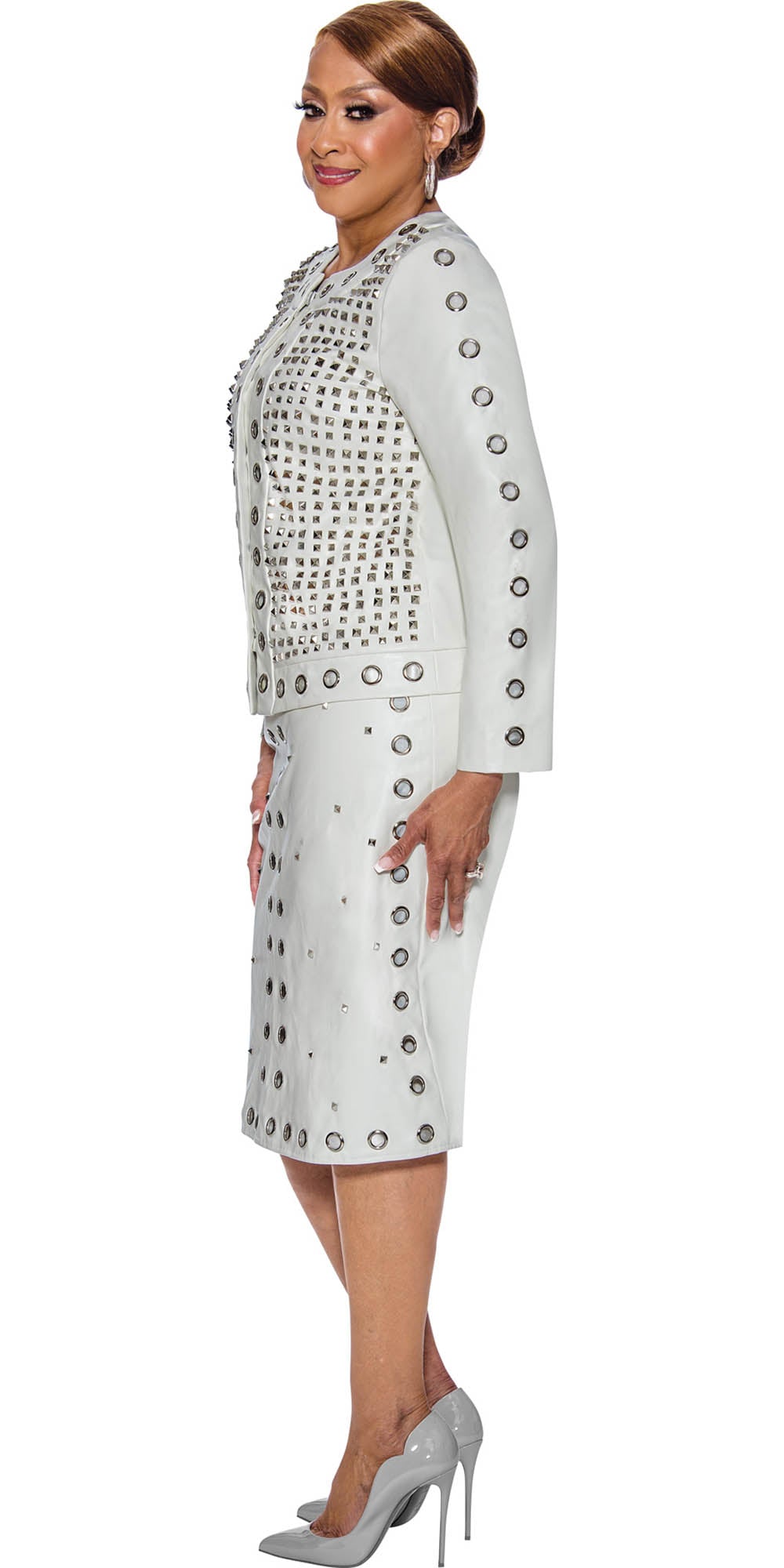Dorinda Clark Cole - 5222 - White - Grommet and Studs Embellished Faux Leather 2pc Skirt Suit