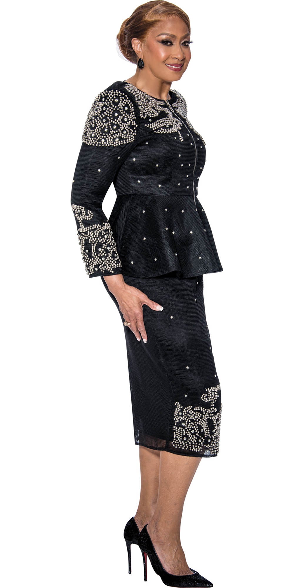 Dorinda Clark Cole - 5242 - Black - Embellished Mesh 2pc Skirt Suit