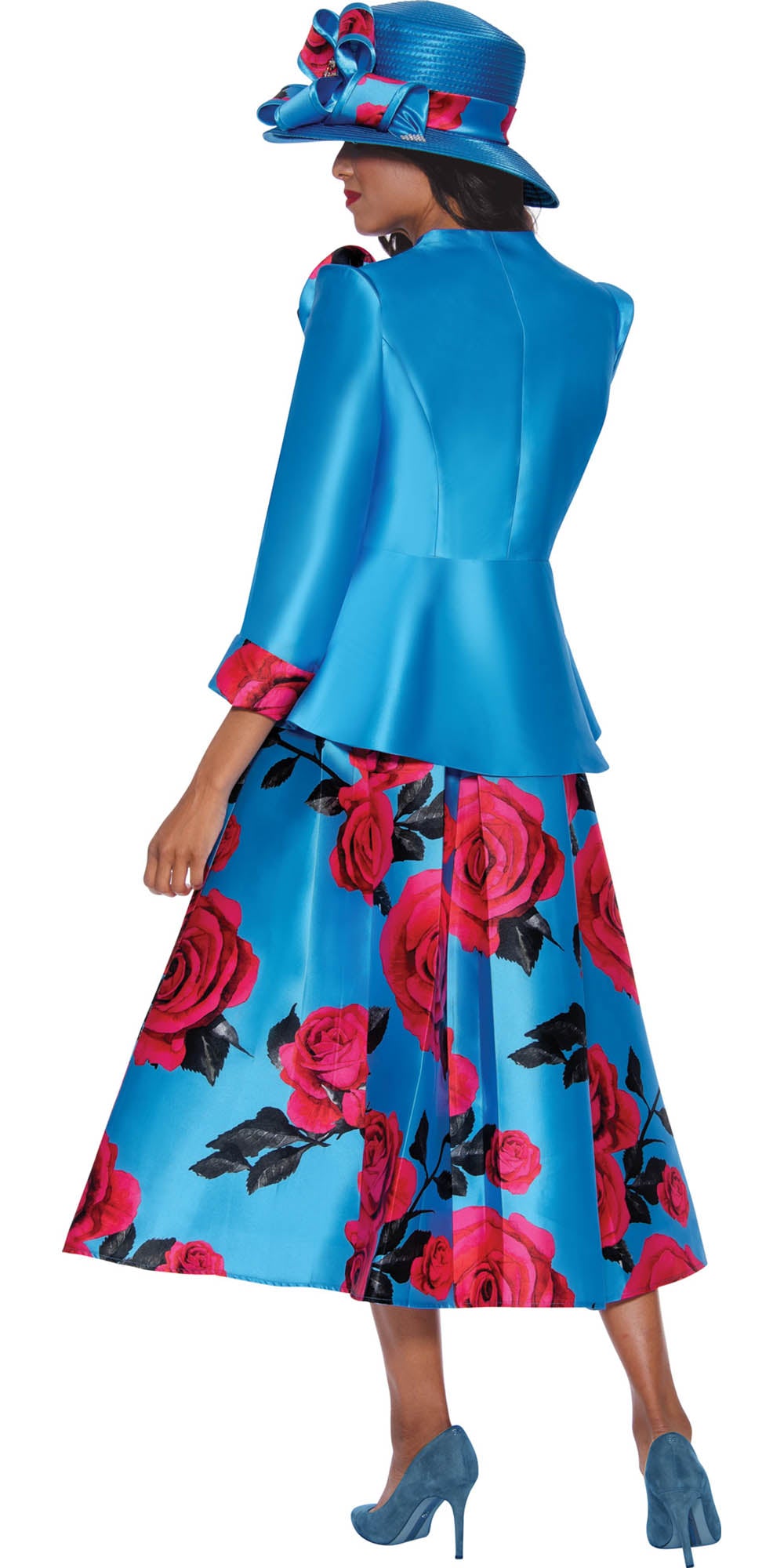GMI - 9832 - Diva Blue Multi - Floral Twill 3pc Skirt Suit