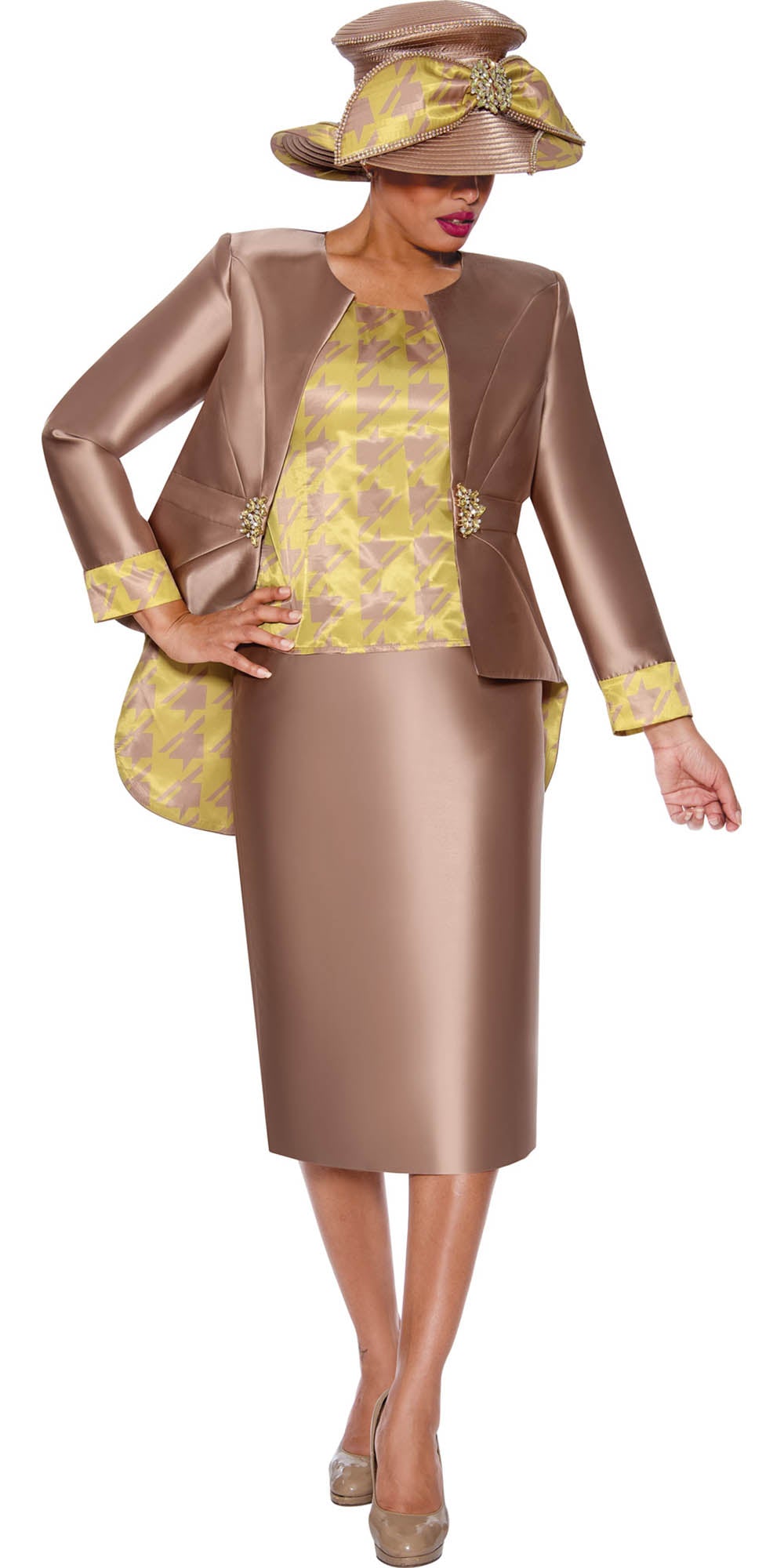 GMI - 9853 - Coco Chartreuse - Houndstooth Lined Twill 3pc Skirt Suit