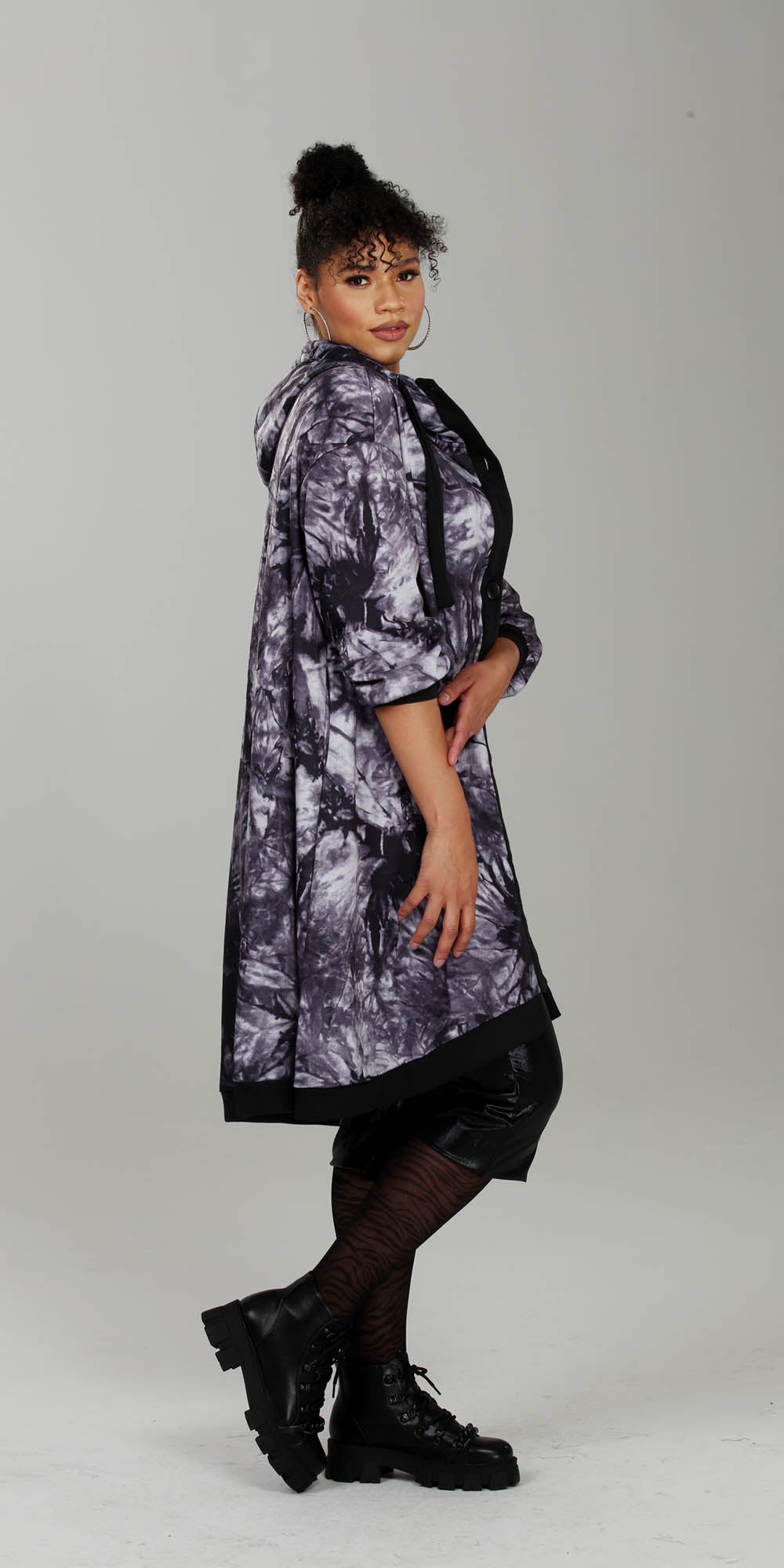Luxe Moda - LM214 - Black Grey - Hooded Knit Tie-dye Coat