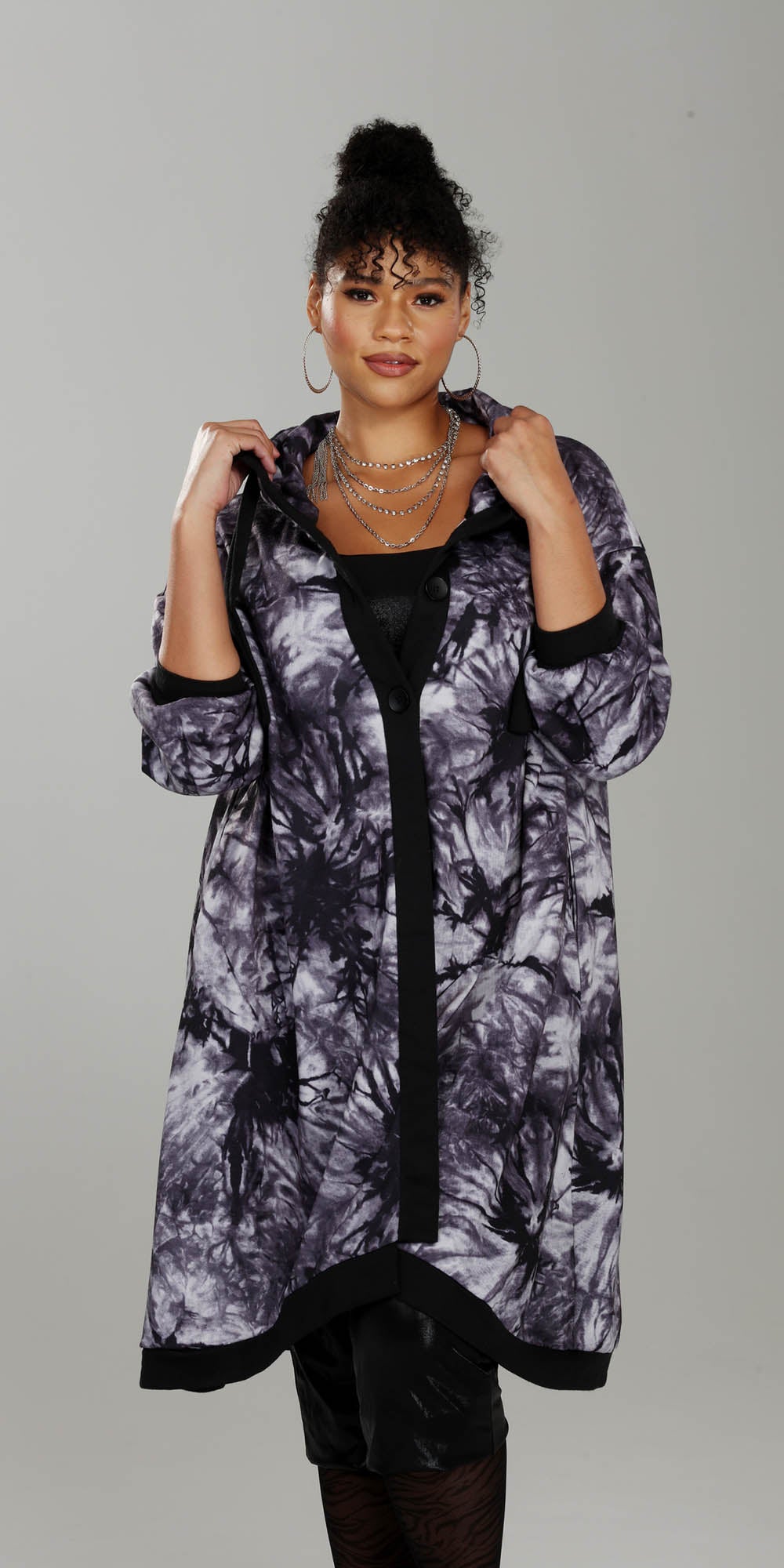 Luxe Moda - LM214 - Black Grey - Hooded Knit Tie-dye Coat
