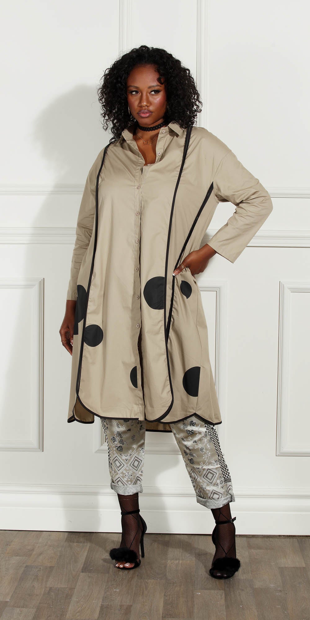 Luxe Moda - LM216 - Beige Black - Button-front Dotted Dress