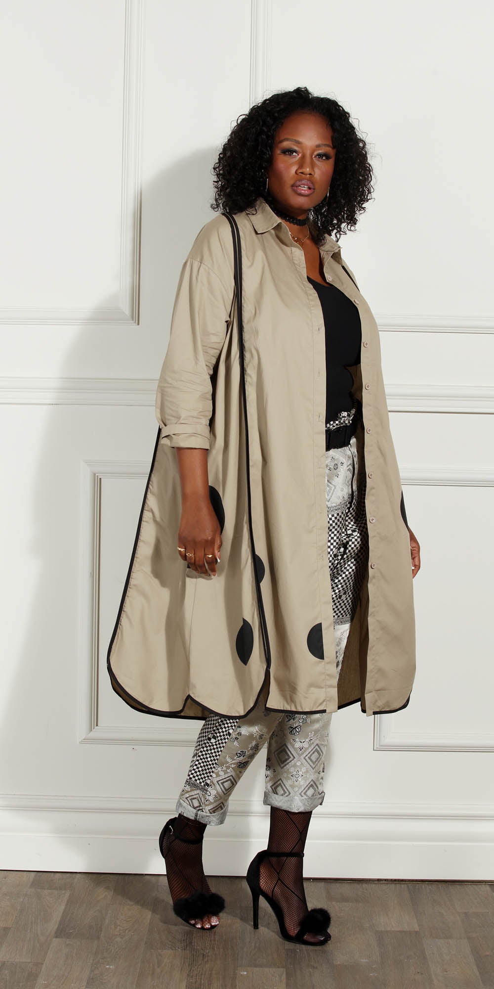 Luxe Moda - LM216 - Beige Black - Button-front Dotted Dress