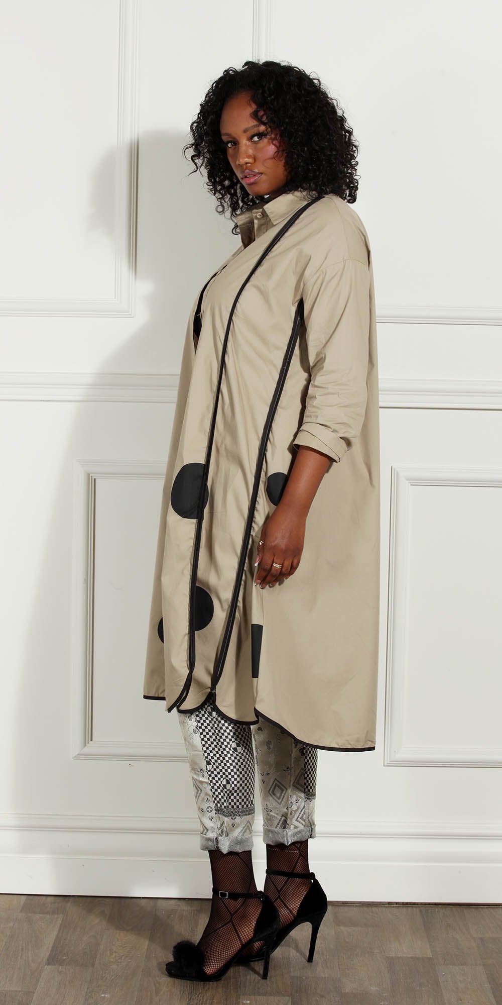 Luxe Moda - LM216 - Beige Black - Button-front Dotted Dress