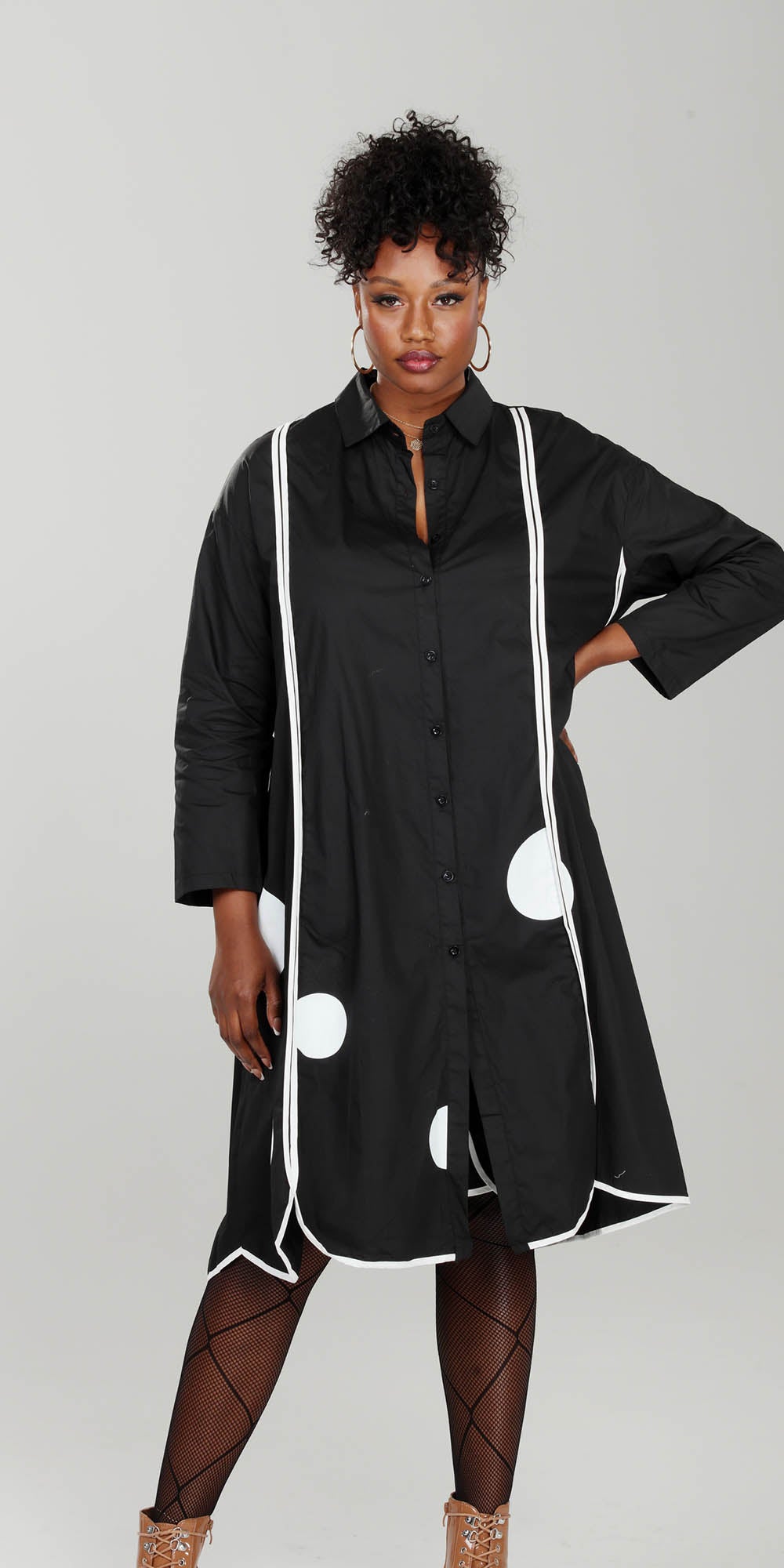 Luxe Moda - LM216 Black White - Button-front Dotted Dress