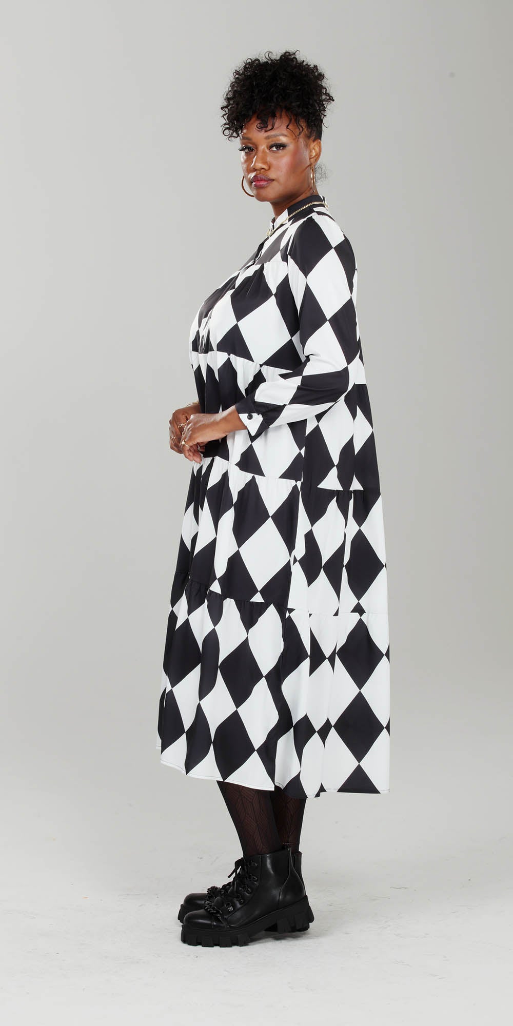 Luxe Moda - LM217 Black White - Checker Print Tiered Button-front Dress